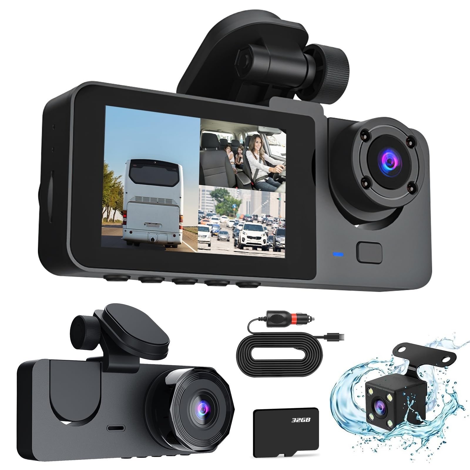 Vehicle BlackBOX DVR Dash Camera Unisex OS Black New Triple Lens HD 1080P G-Sens
