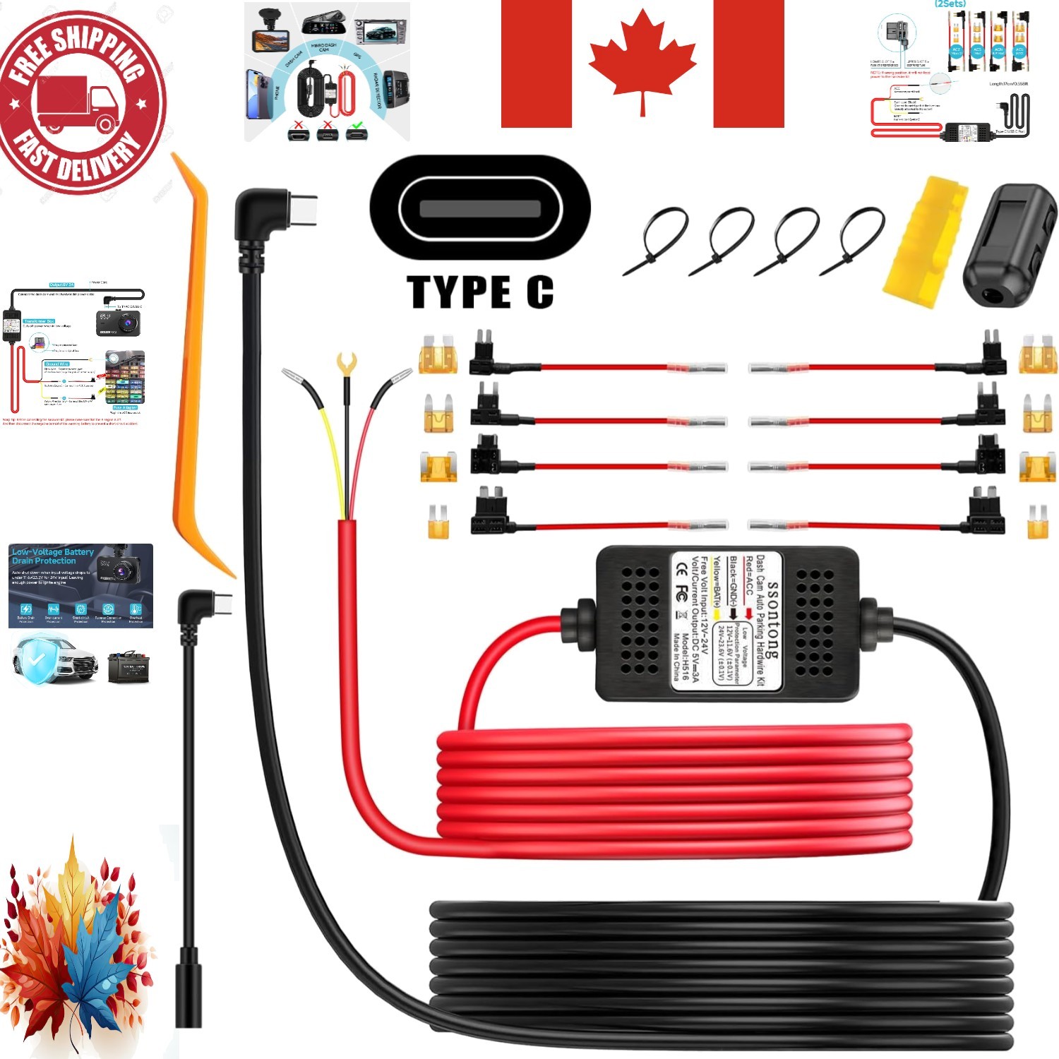 Dash Cam Hardwire Kit 13ft with Low Voltage Protection for 24/7 Safety