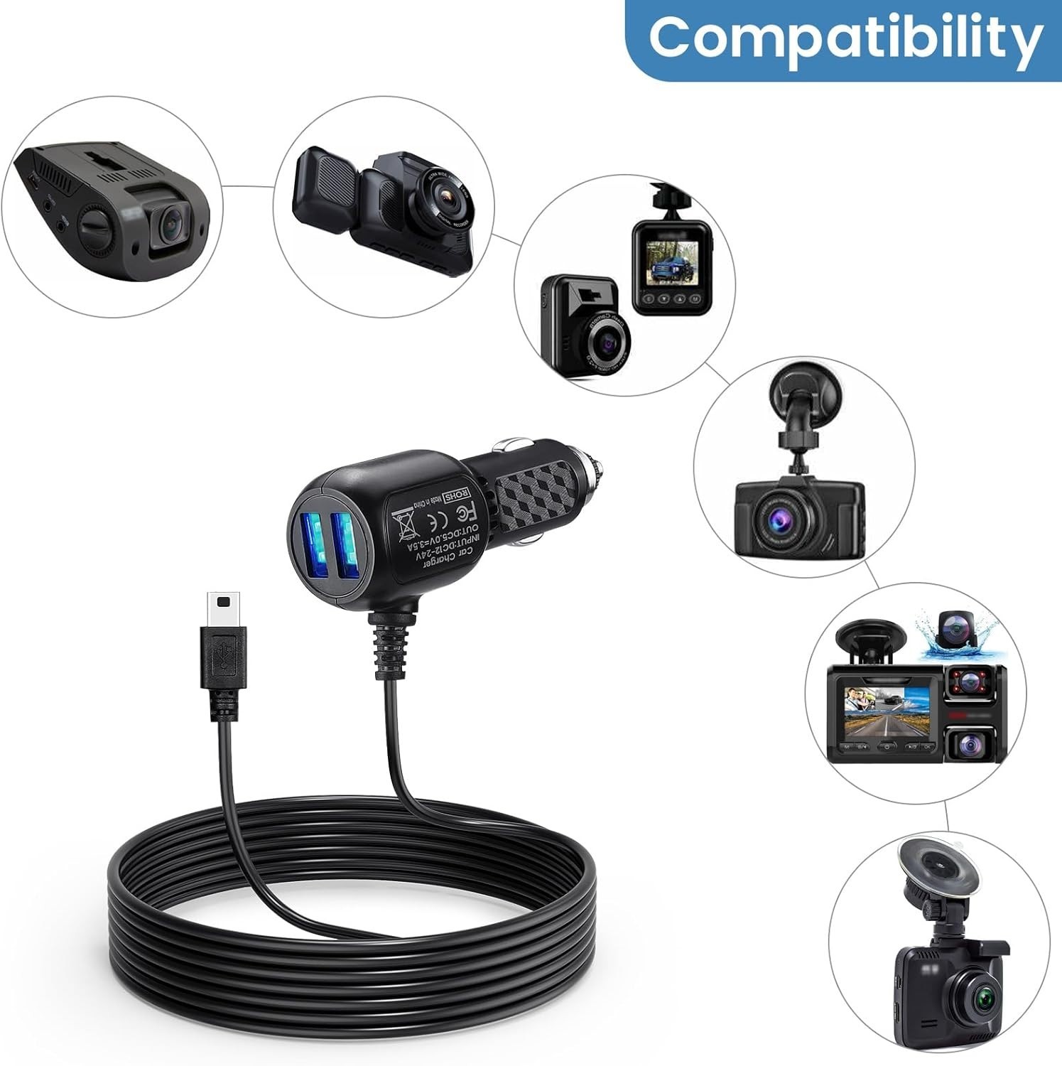 Extra Long Dash Cam Power Cord with Dual USB Ports and USB C Compatibility