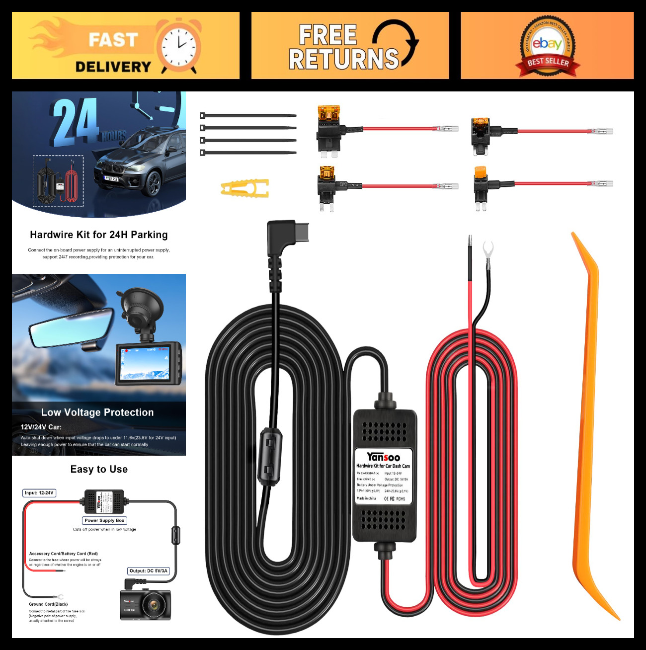 USB C Hardwire Kit for Dash Cam, 13ft Power Cord with Fuse & Low Voltage Protect