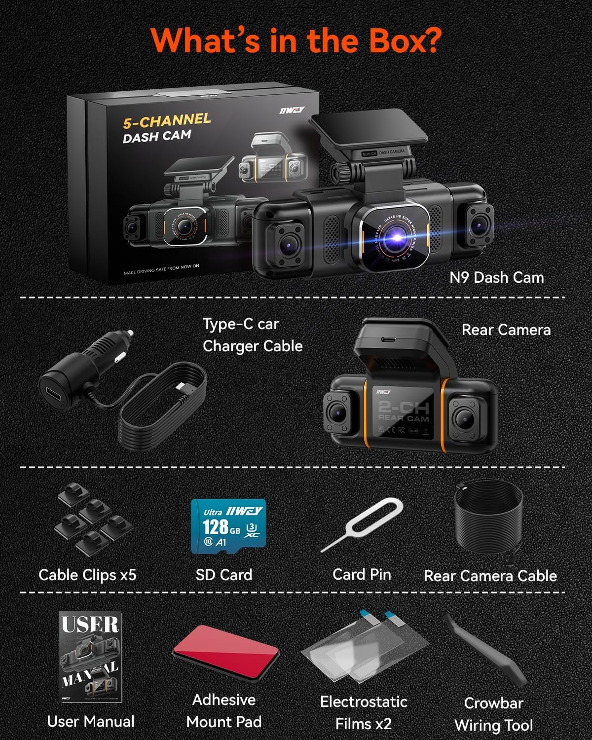 IIWEY N9 360° 5 Channel Dash Cam Night Vision WiFi App Parking Mode Car Truck