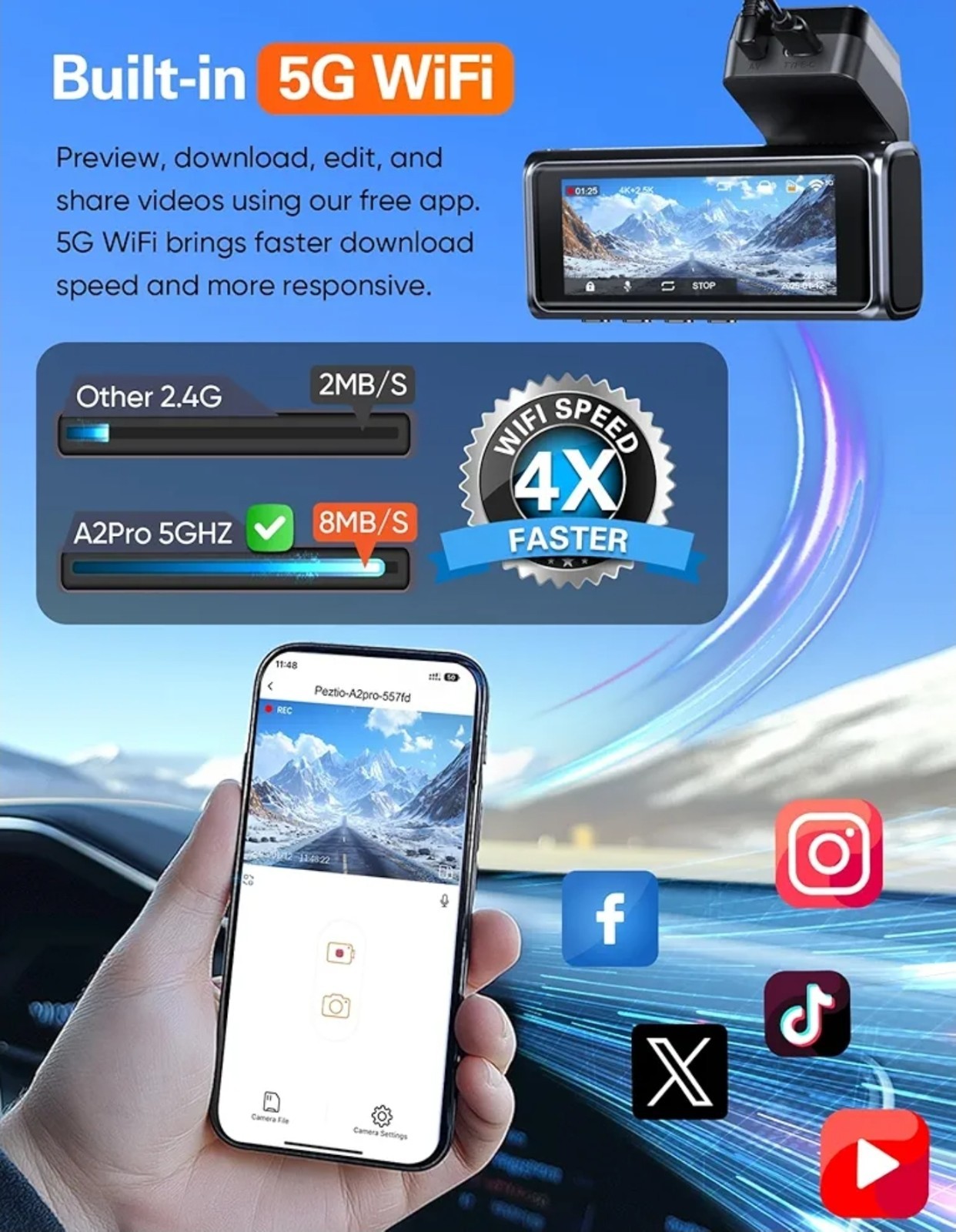 4K+2.5K WiFi Dash Cam Front and Rear, Built-in 5G WiFi, Free 64GB Card, Dash …