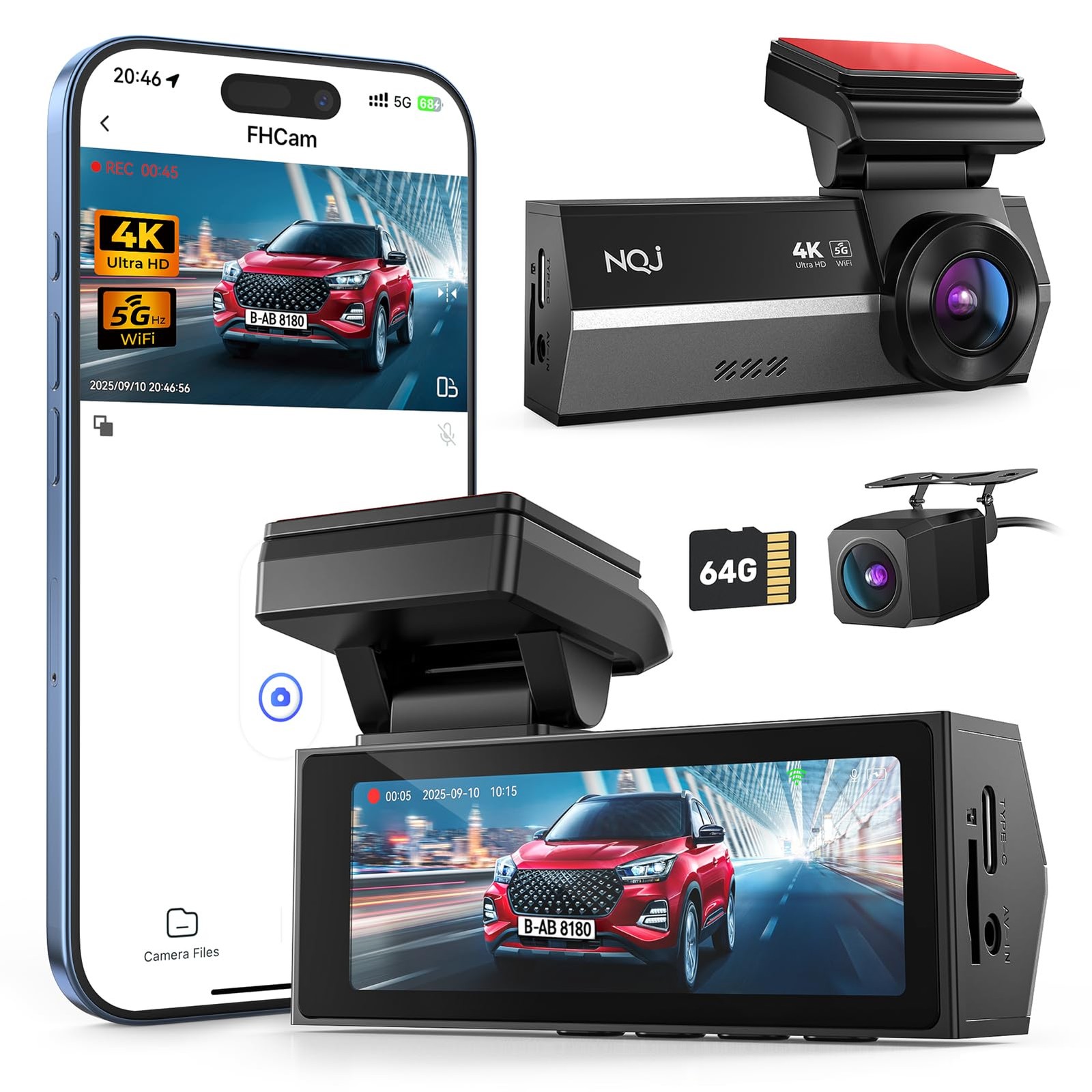 Dash Cams Front and Rear, 4K+2K Dual Dash Camera for Cars w 64GB Card, 5G Wi-…