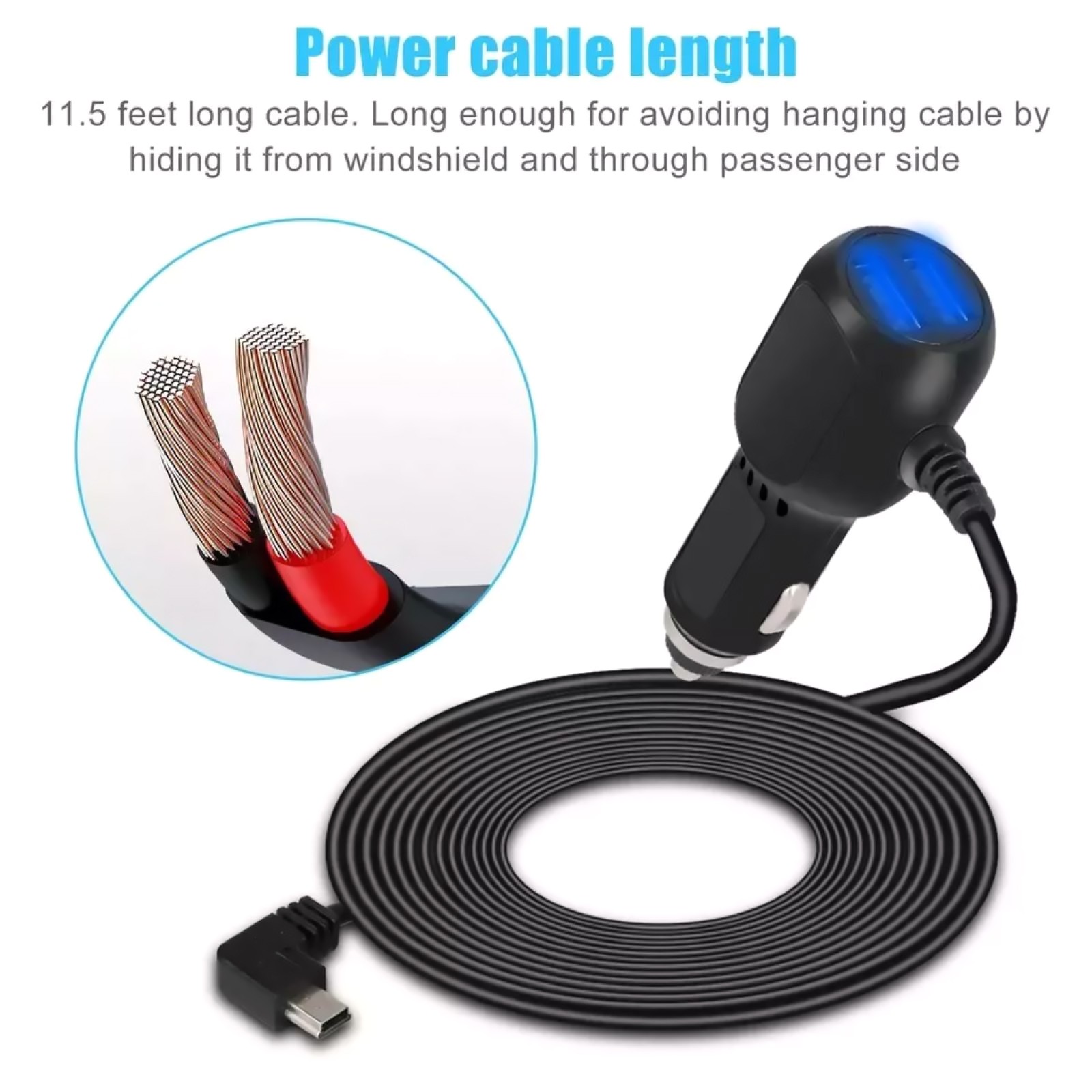 12V-24V USB Dash Cam Car Charger Cable Power Cord Supply for Camera GPS