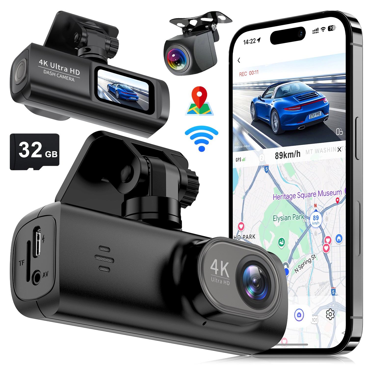 Soam 4K Front And Rear Dash Cam, Bulit-in WiFi, GPS Module, With 32GB Card