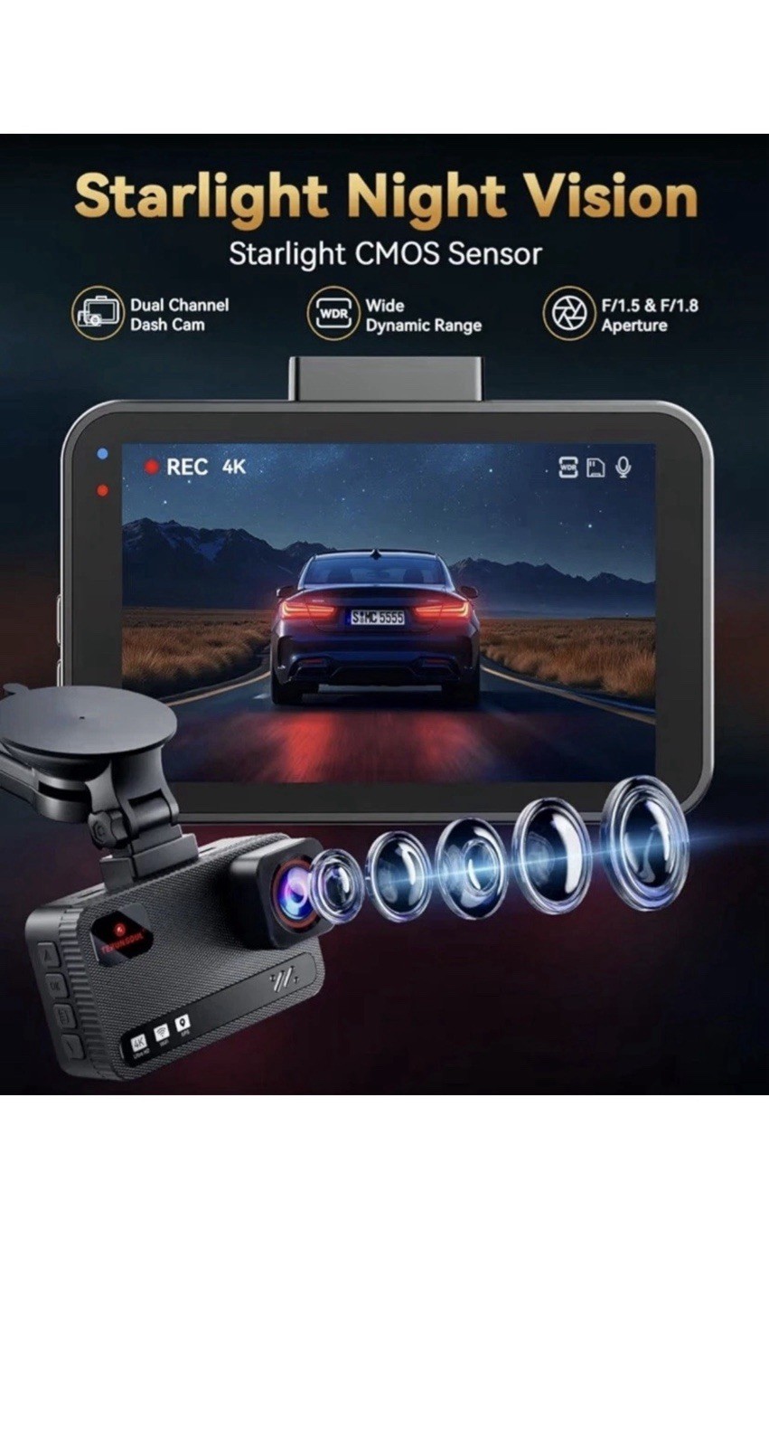 4K+4K Dash Cam Front and Rear, Free 128GB Card, 5.8GHz WiFi Dash Black
