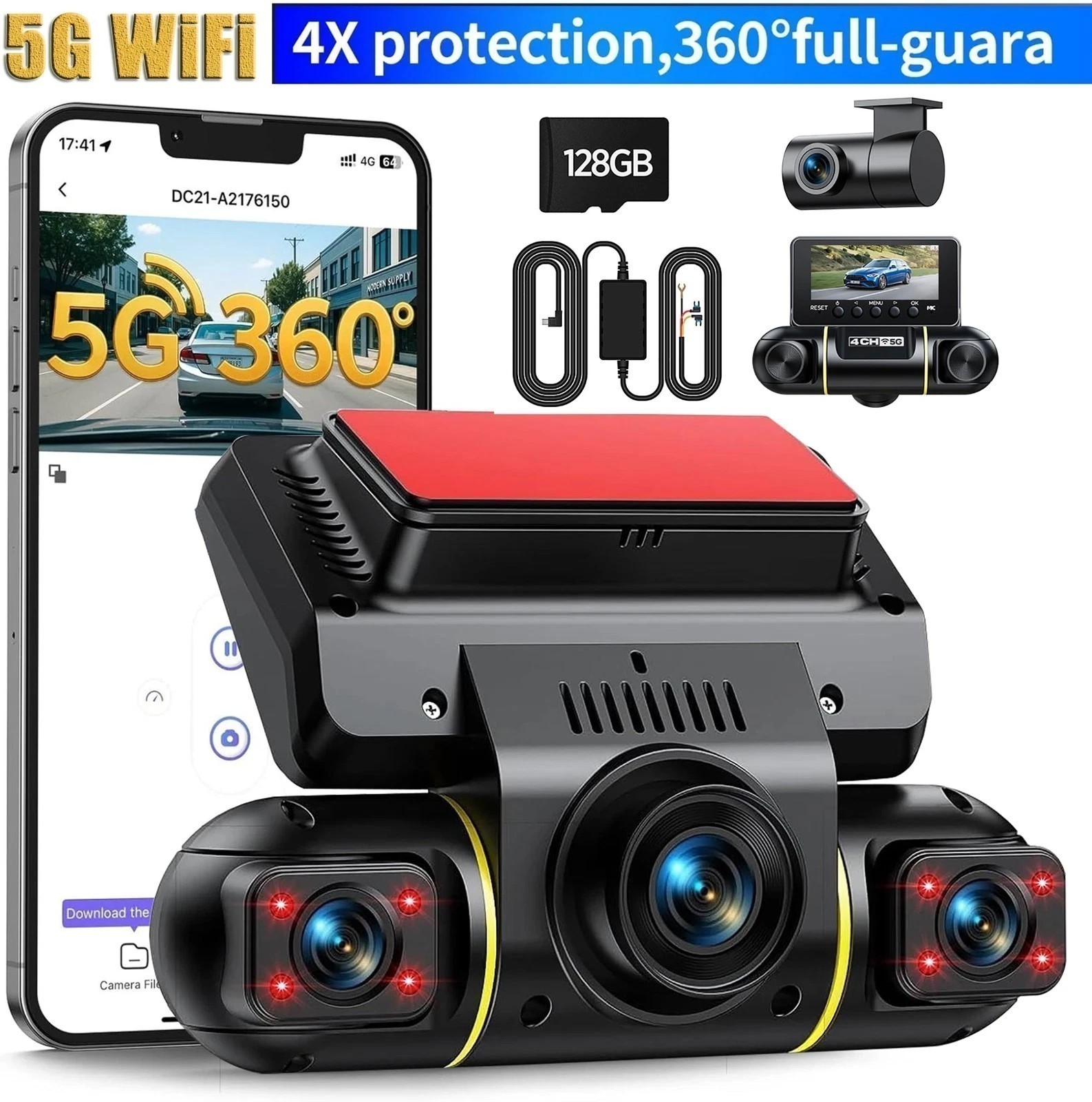 4 Channel 360°1080P Dash Cam Front Rear Inside Car Camera W/ Hardwire Kit 128GB