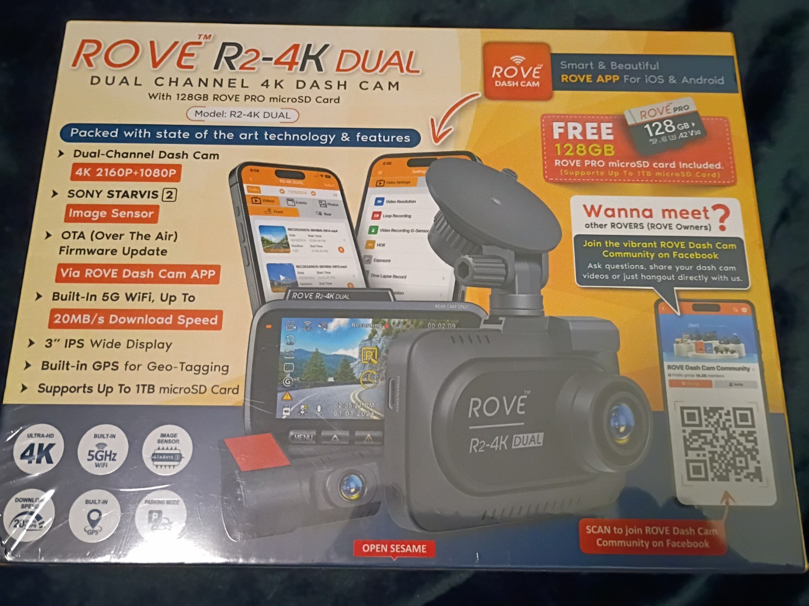 ROVE R2-4K DUAL Dash Cam Front & Rear | STARVIS 2, 128GB Card, 20MBps WiFi Speed
