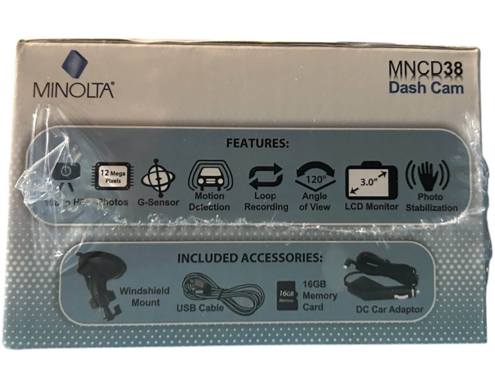 New Sealed Minolta MNCD38 Full HD 12MP 3″ LCD Screen Dash Cam, Blue #MNCD38-BL