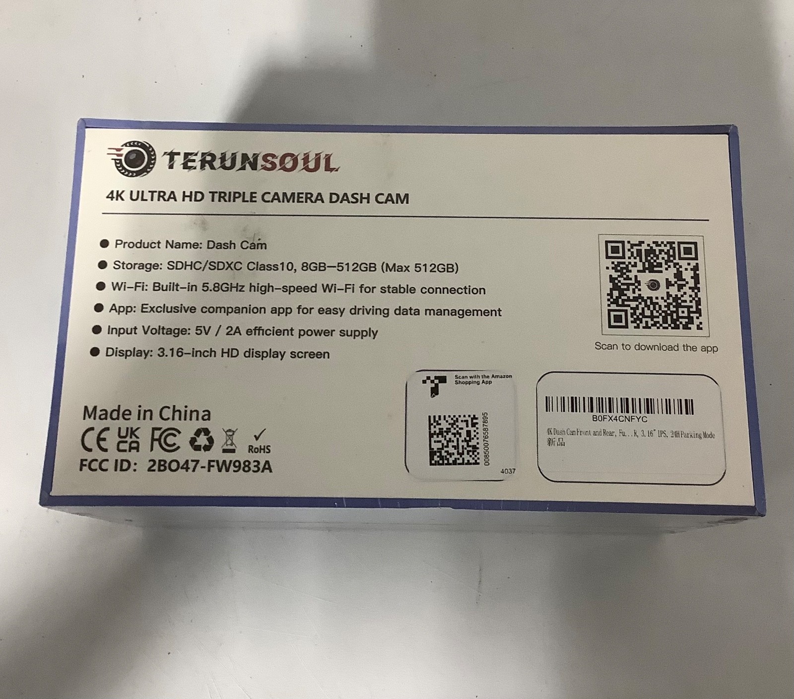 TERUNSOUL 4K Dash Camera Front Rear Cabin GPS WiFi-Sealed/New