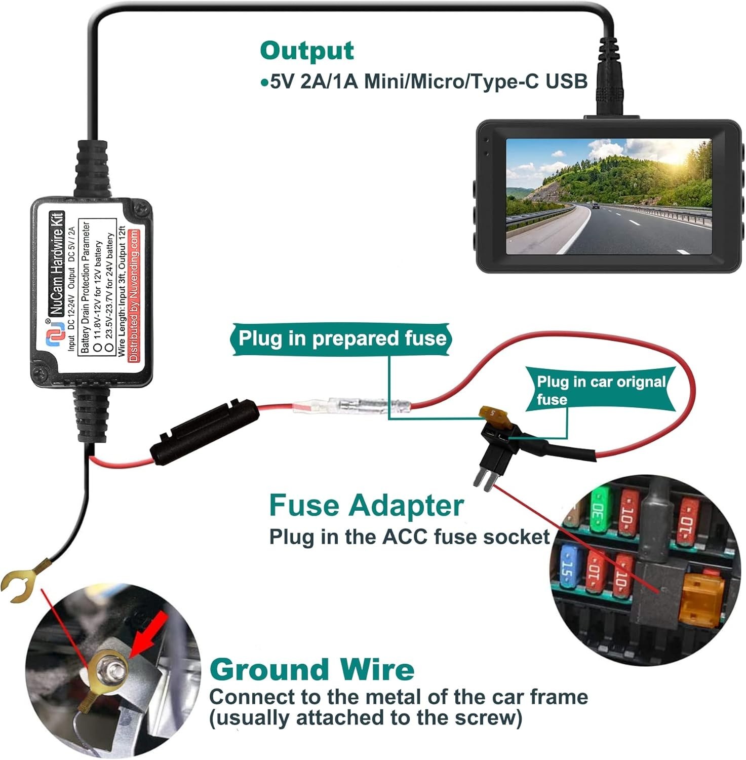 MicroUSB & Mini USB Dash Cam Hardwire Kit – 15ft Power Cable with 11.9V Cut-Off