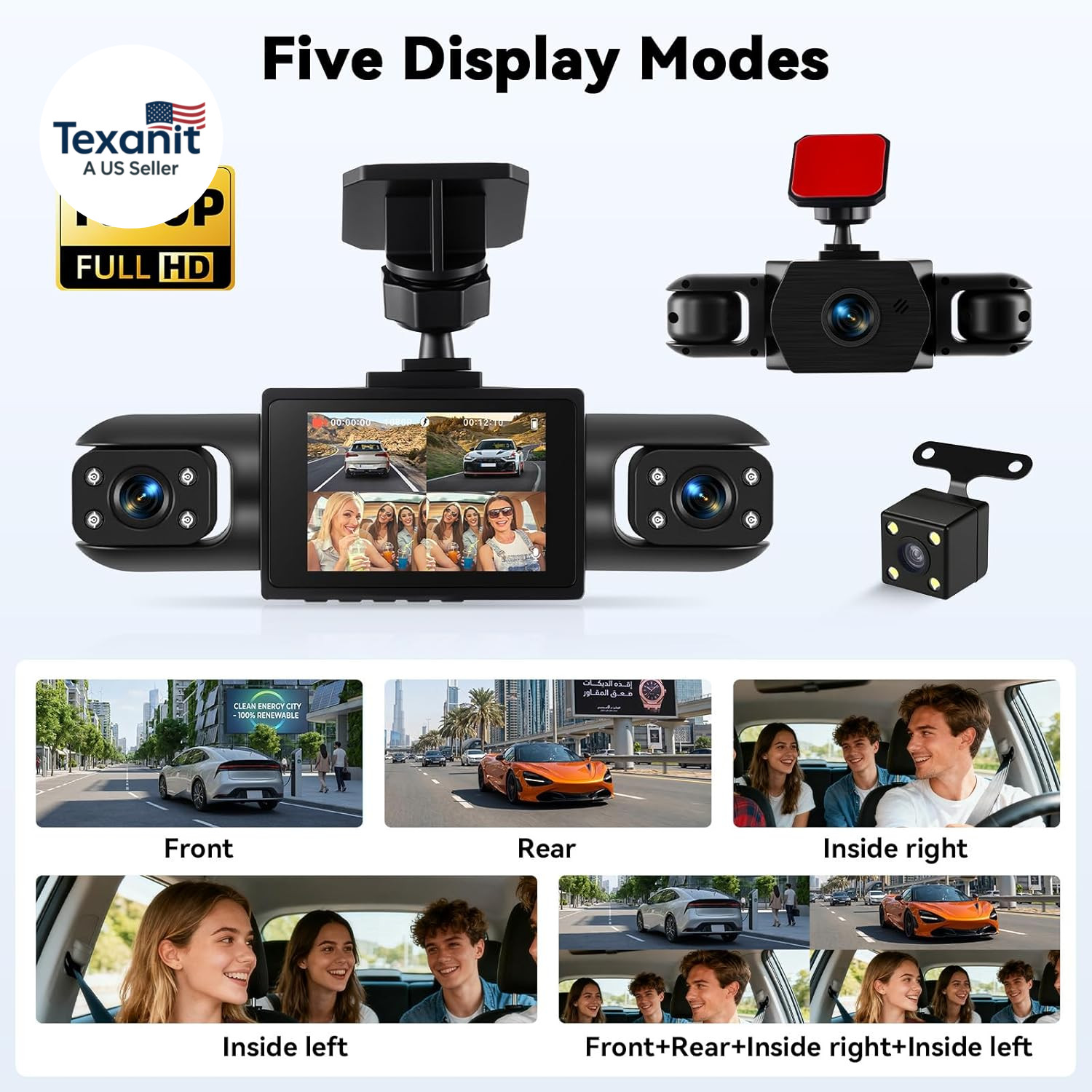 360° 4 Channel 1080P Dash Cam Front and Rear inside Left Right, 2“ IPS Dash for