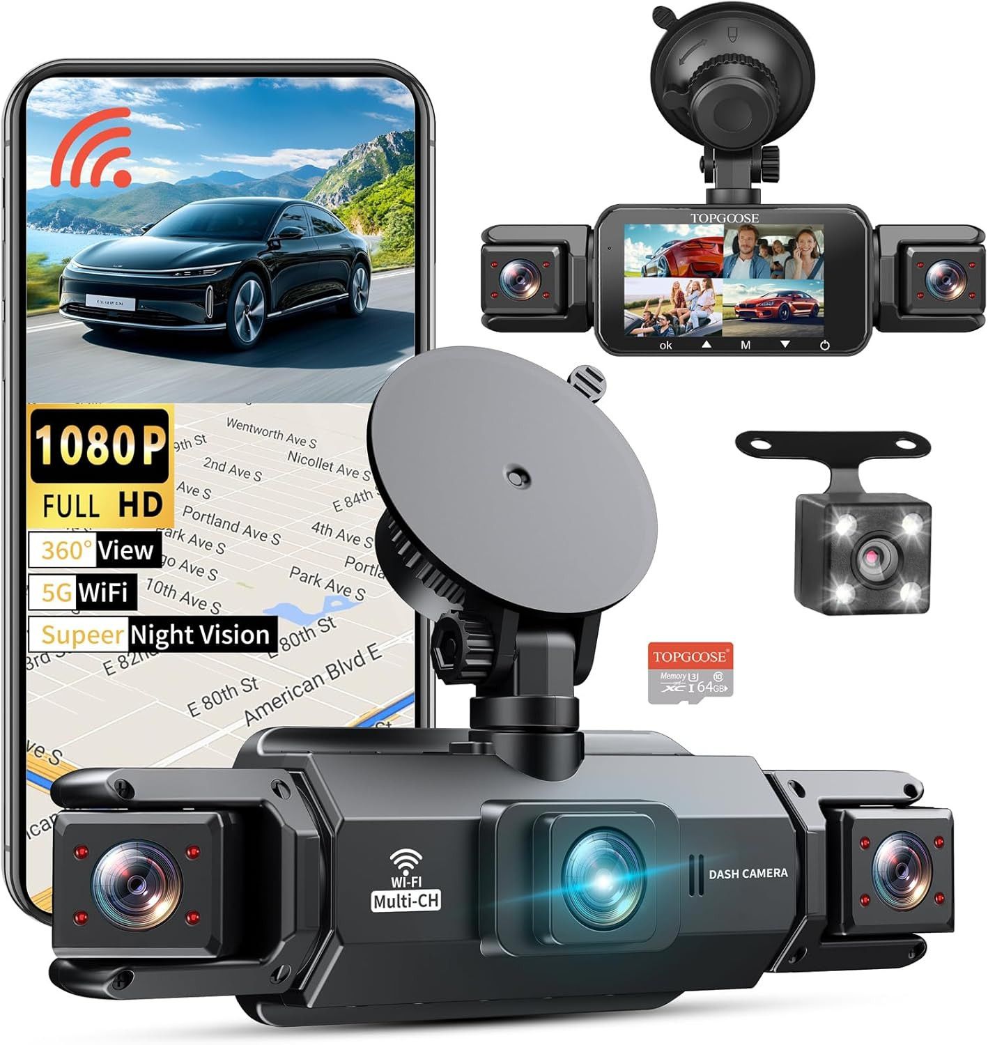 360° Dash Cam 4 Channel 5G WiFi & APP Control, Free 64GB Card, TOPGOOSE 2K FHD F