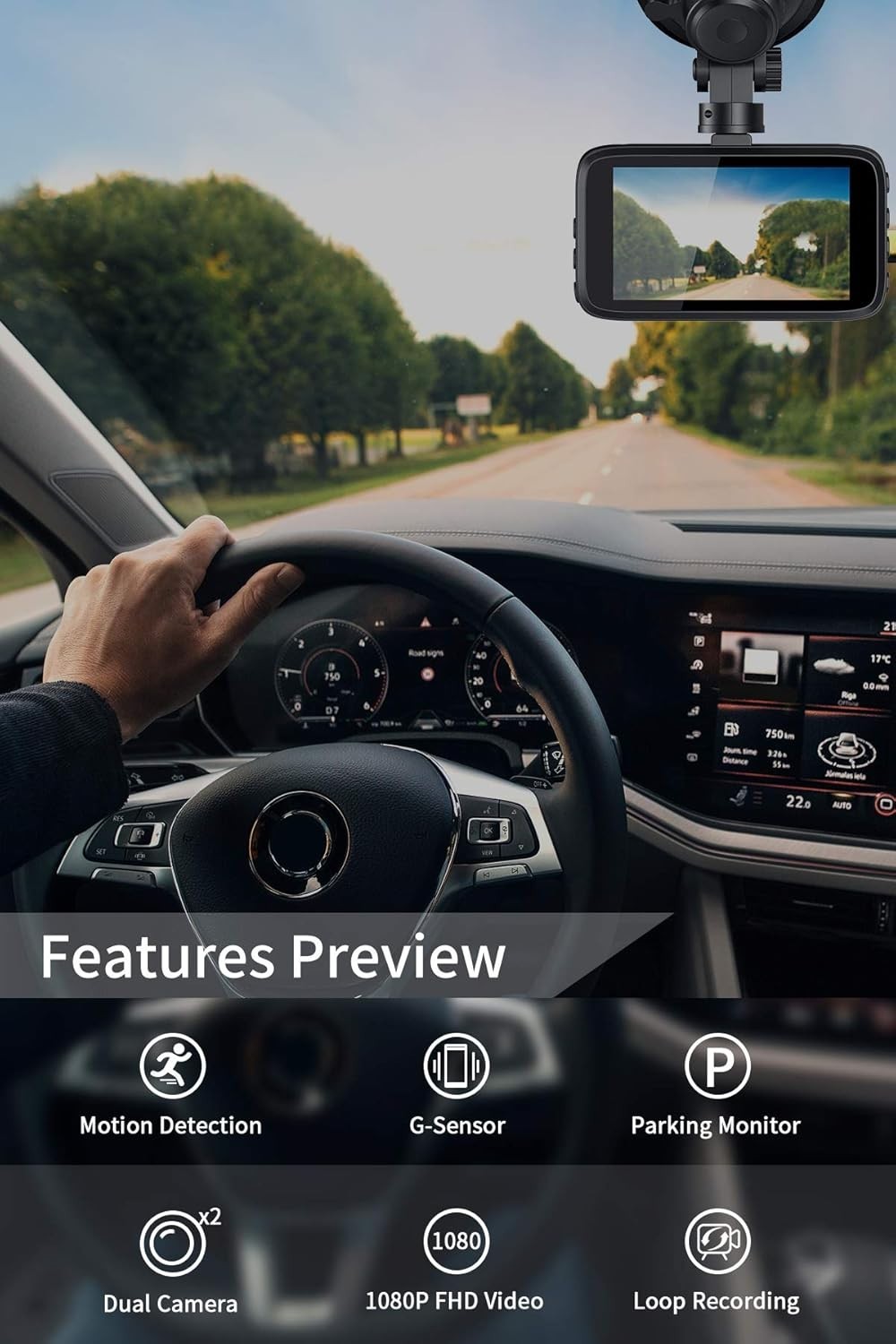 3″ IPS FHD Dash Camera with G-Sensor & Loop Recording for Cars – Front and Rear