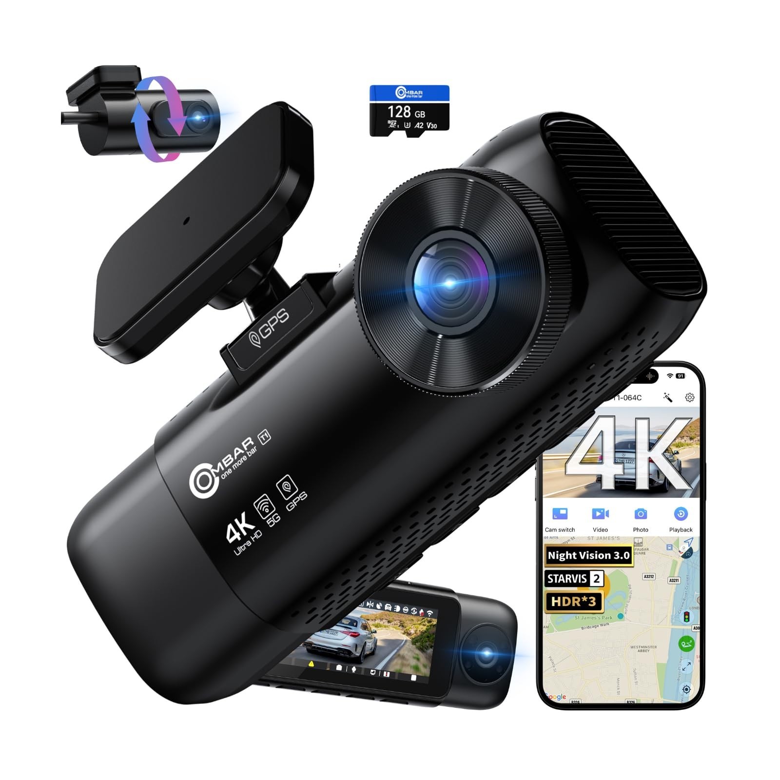 4K Dash Cam 3-Channel with WiFi, GPS, HDR, 128GB Card, Night Vision, Parking Mod