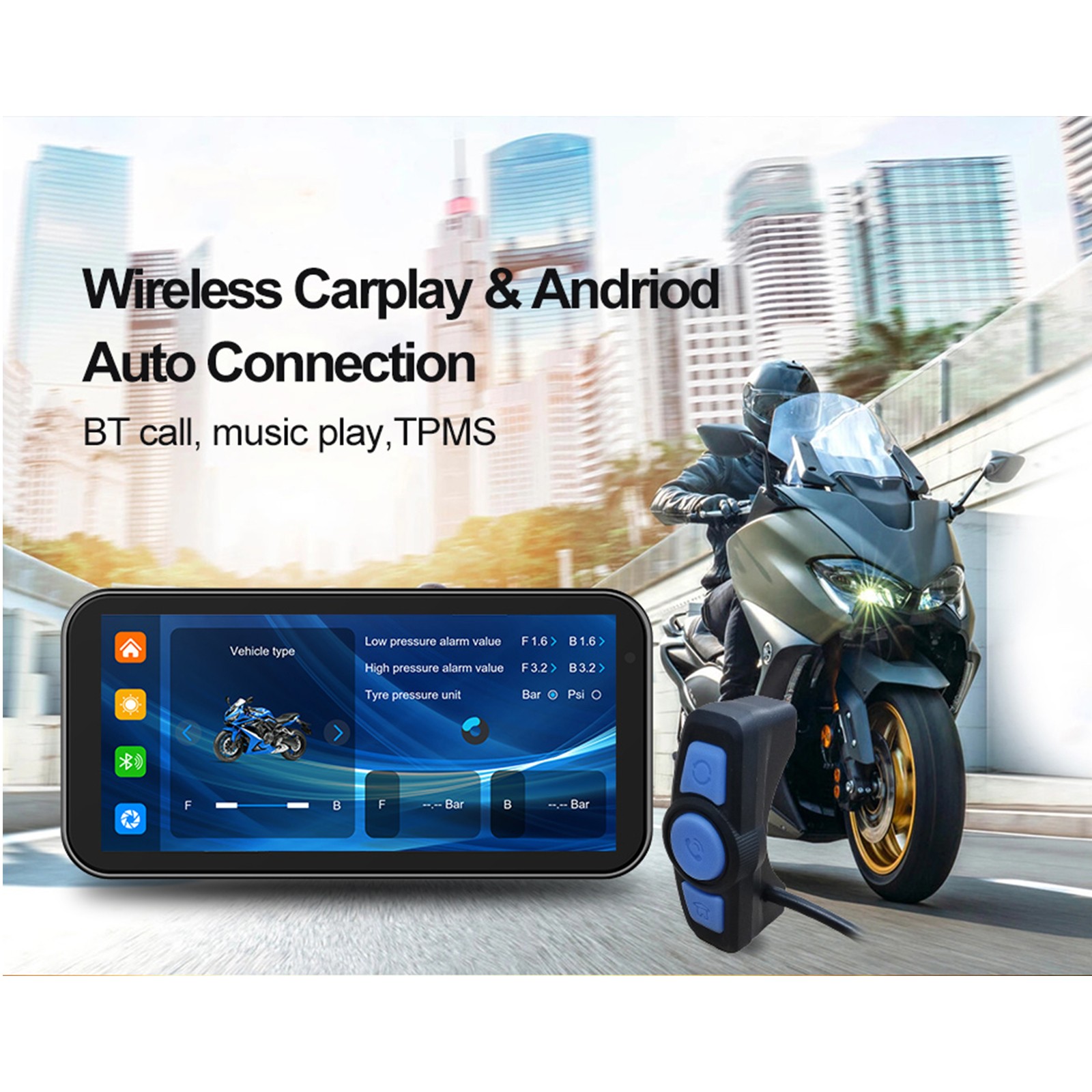 Motorcycle Dash Cam 6.25″ Carplay Android Auto Screen Wired Controller+Camera