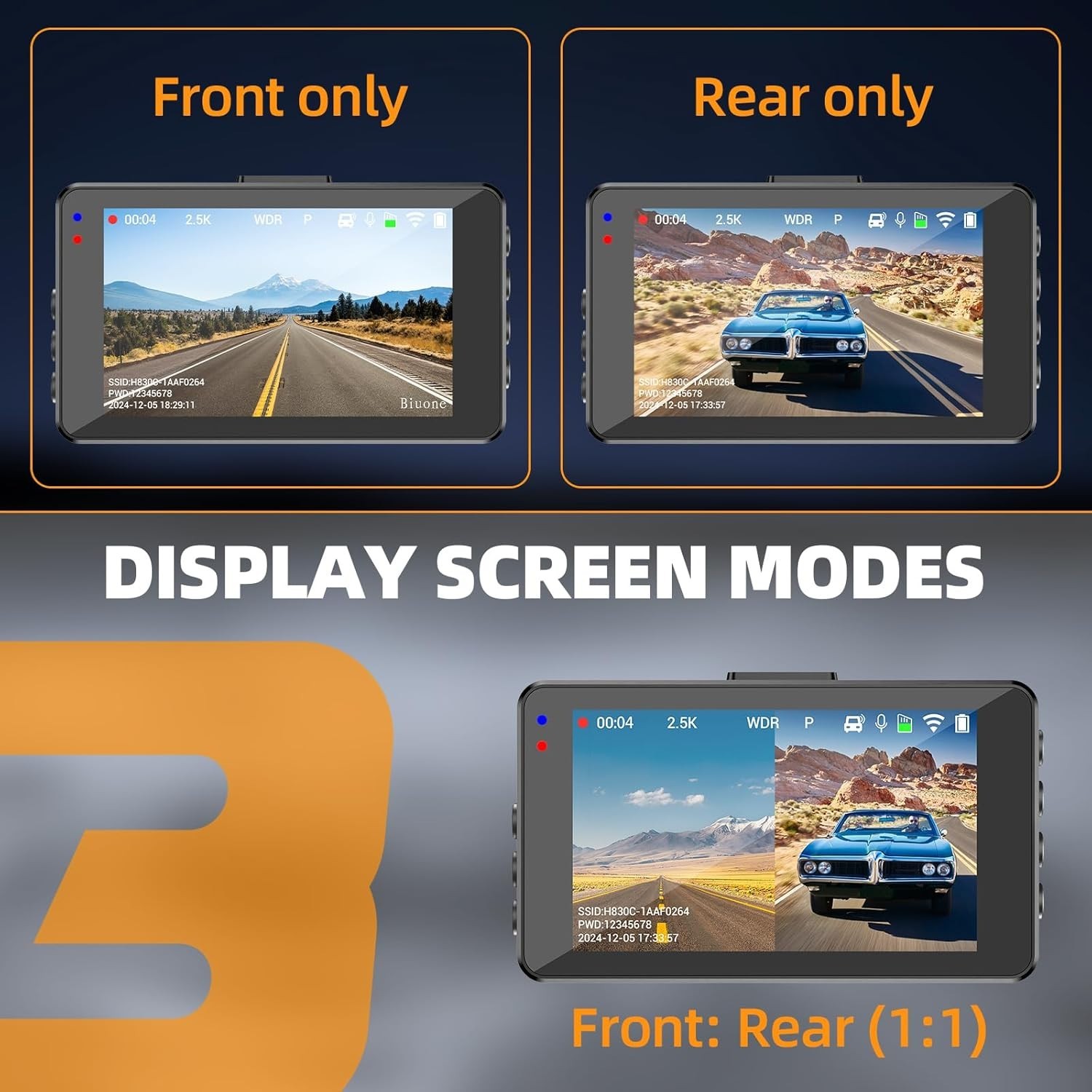 Super Night Vision Dash Cam: 2.5K Front & 1080P Rear with G-Sensor & App Control
