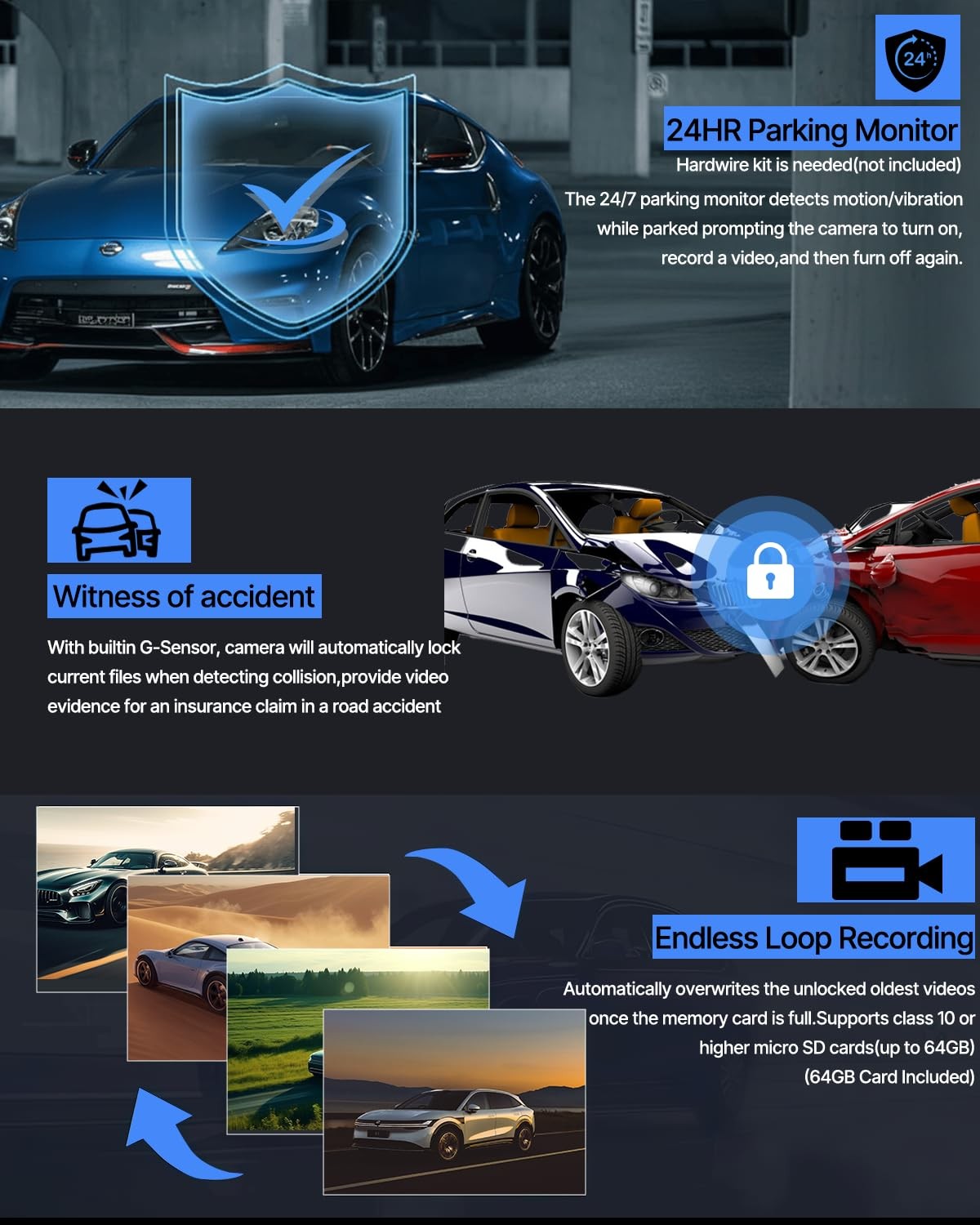 3 Channel Dash Cam Front and Rear Inside with 64GB SD Card, 1080P+720P+720P C…