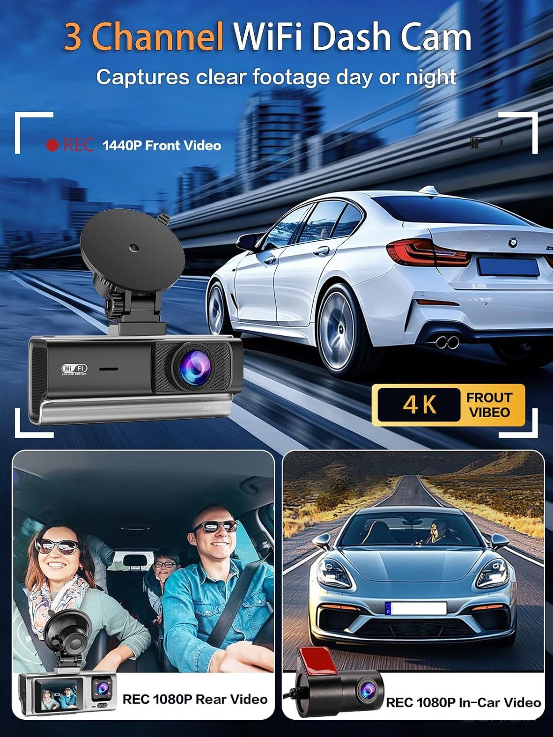3 Channel Dash Cam Front and Rear Inside,2.5K+1080P+1080P Dash Camera for Cars,F