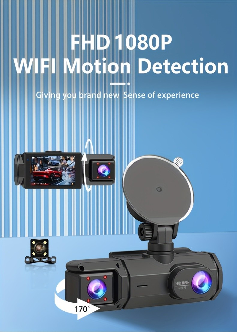 Long Lasting Durable 2-Inch IPS 3-Channel Dash Cam with 32GB WiFi & Night Vision