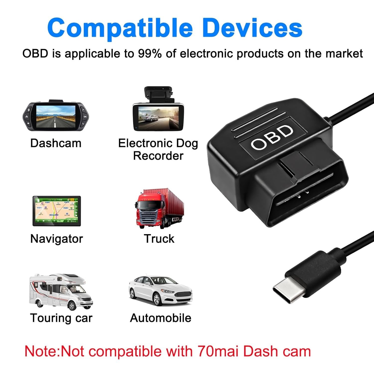 OBD Power Cable for Dash Camera OBD2 to Type C Adapter Hardwire Charger Cable