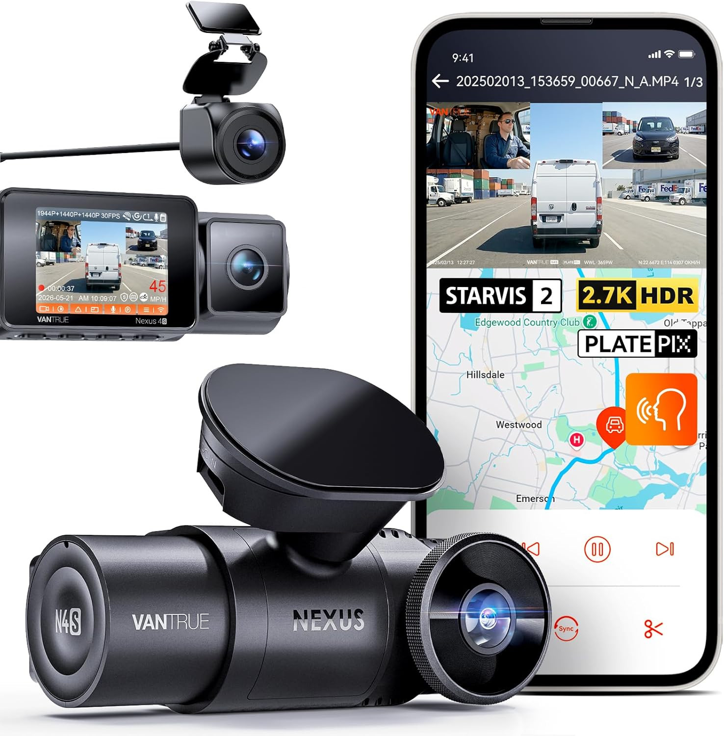 N4S 3 Channel Dash Cam for Delivery &Cargo Vans, 2.7K+1440P+1440P Front inside R