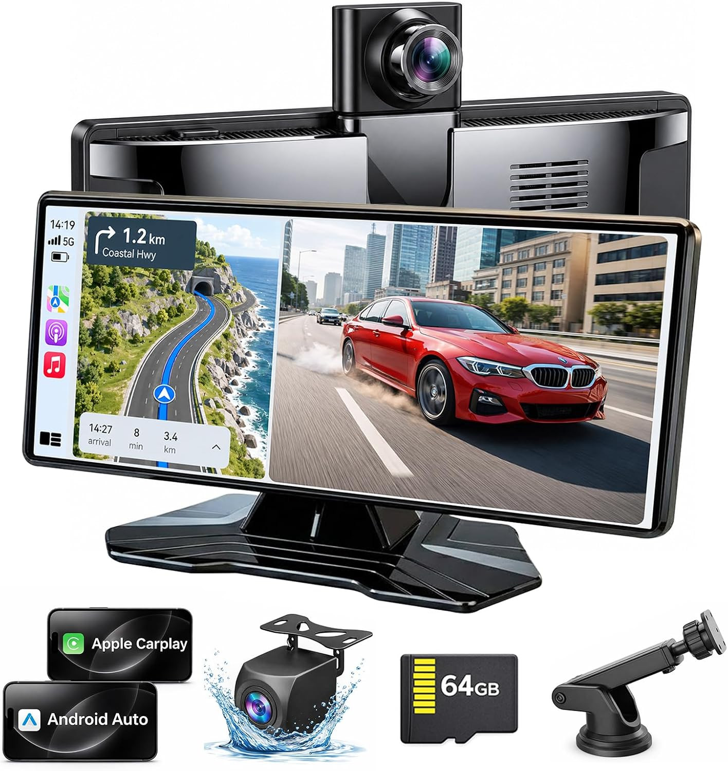 10.36″ Wireless Carplay Screen, Android Auto, 4K Dash Cam, 64GB Card | Adds Wire