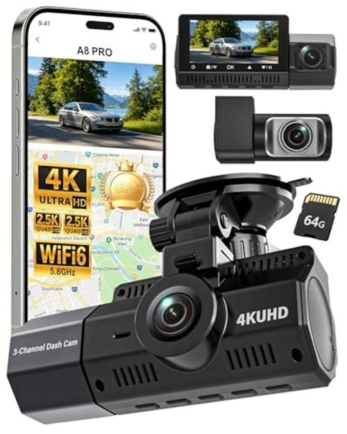 3 Channel Dash Cam Front and Rear Inside-4K+2.5K+2.5K, 4K Dash Cam, Free Pitch