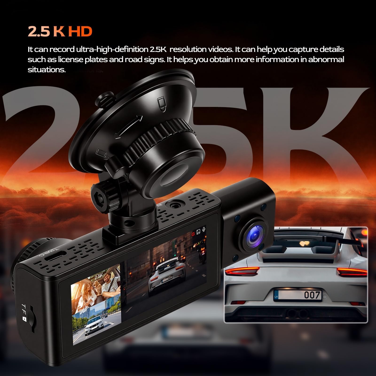 3 Channel 2.5K Dash Cam WiFi APP Control, Triple Camera G-Sensor, 24H Parking Mo