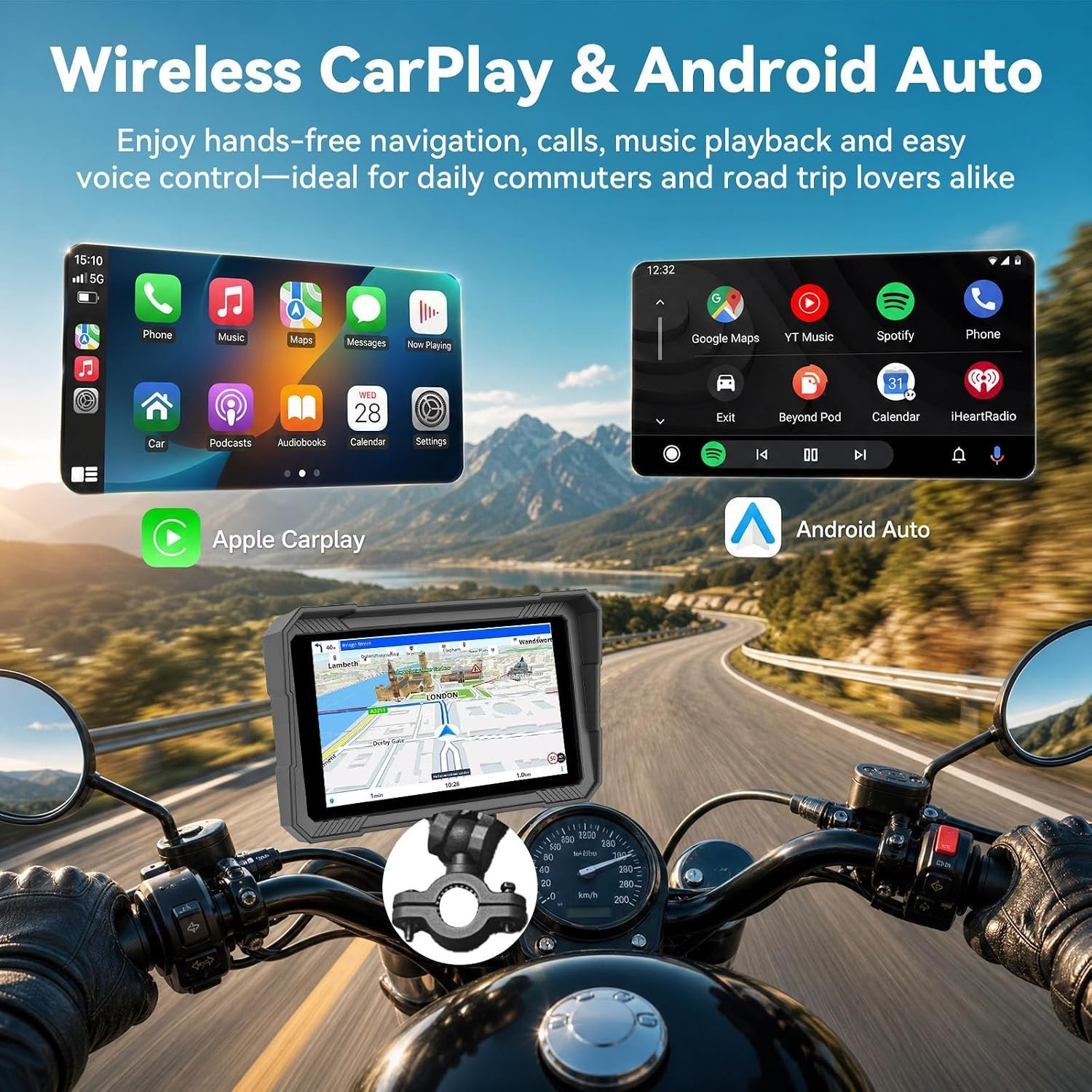 Motorcycle Dual 1080P Dash Cam A-pple Carplay Screen Bluetooth Loop Recording