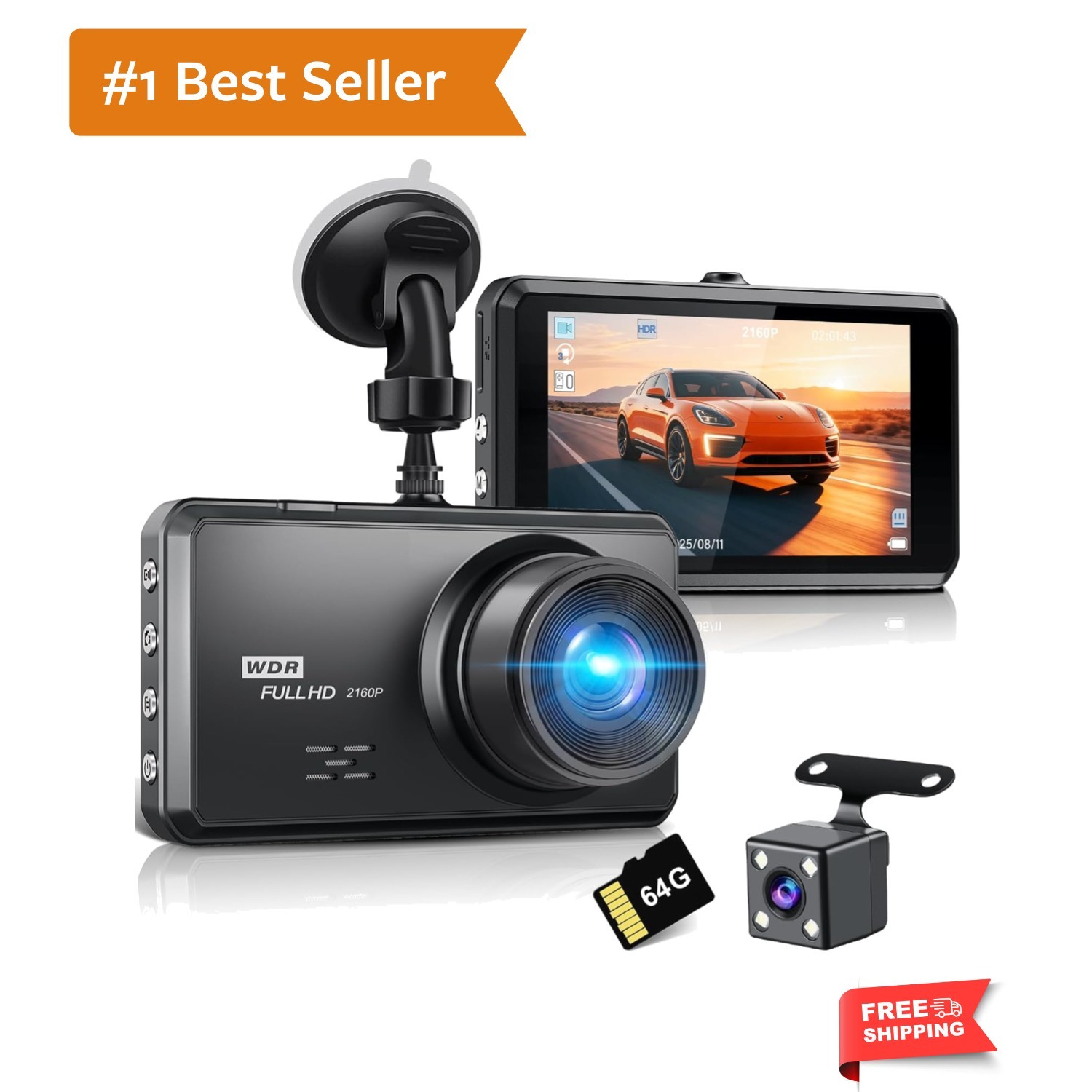 SHRINLUCK 2K Dual Dash Camera for Cars, Free 64G SD Card, FHD 2K+1080P Dash C…