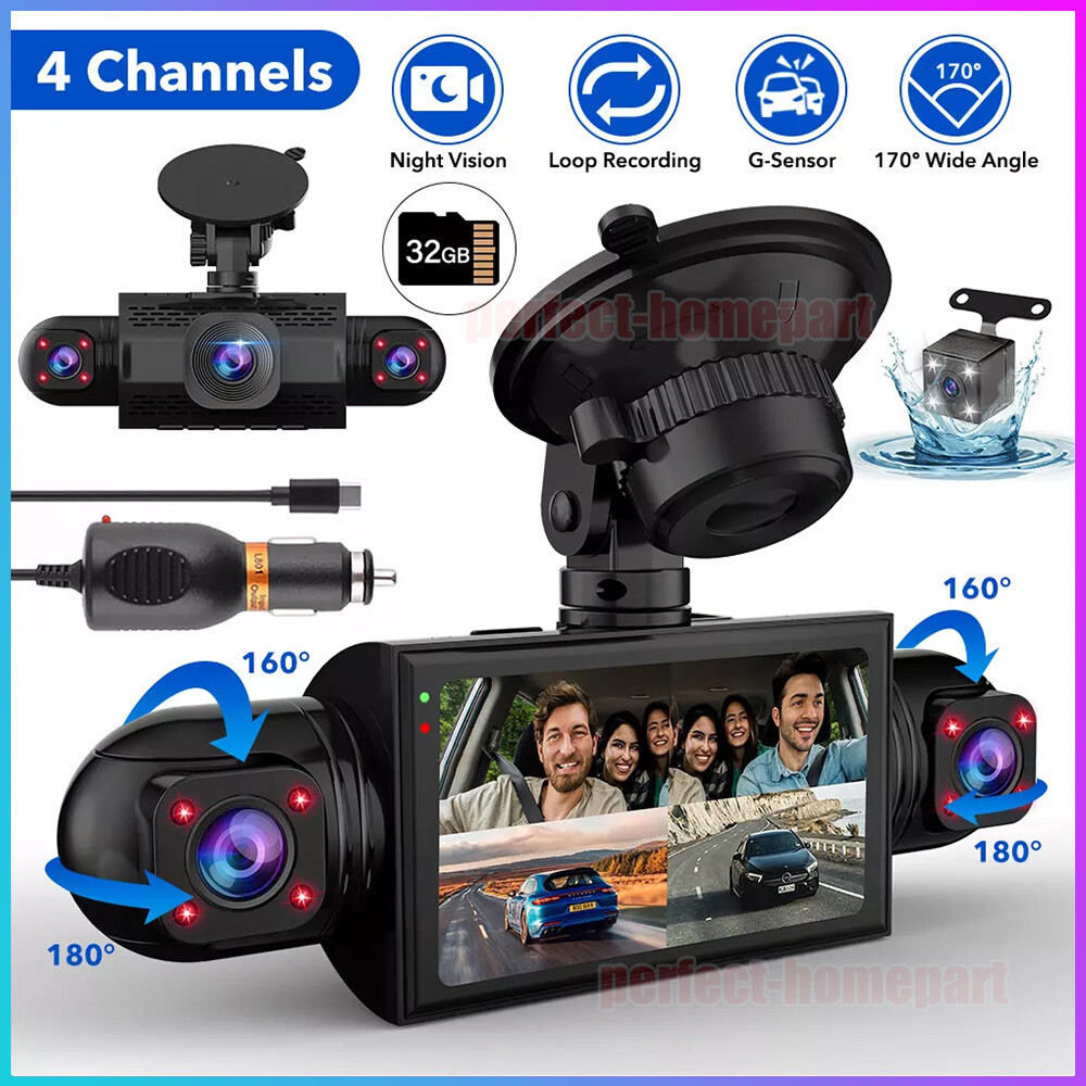4K Dash Cam Recorder 4-Channel 360° Car Camera DVR Vehicle Video G-Sensor+32 TF