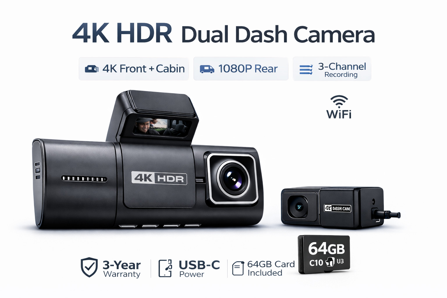 3 Channel Dash Cam 4K Front 1080 Cabin 1080 Rear WiFi 64GB Dual Charger