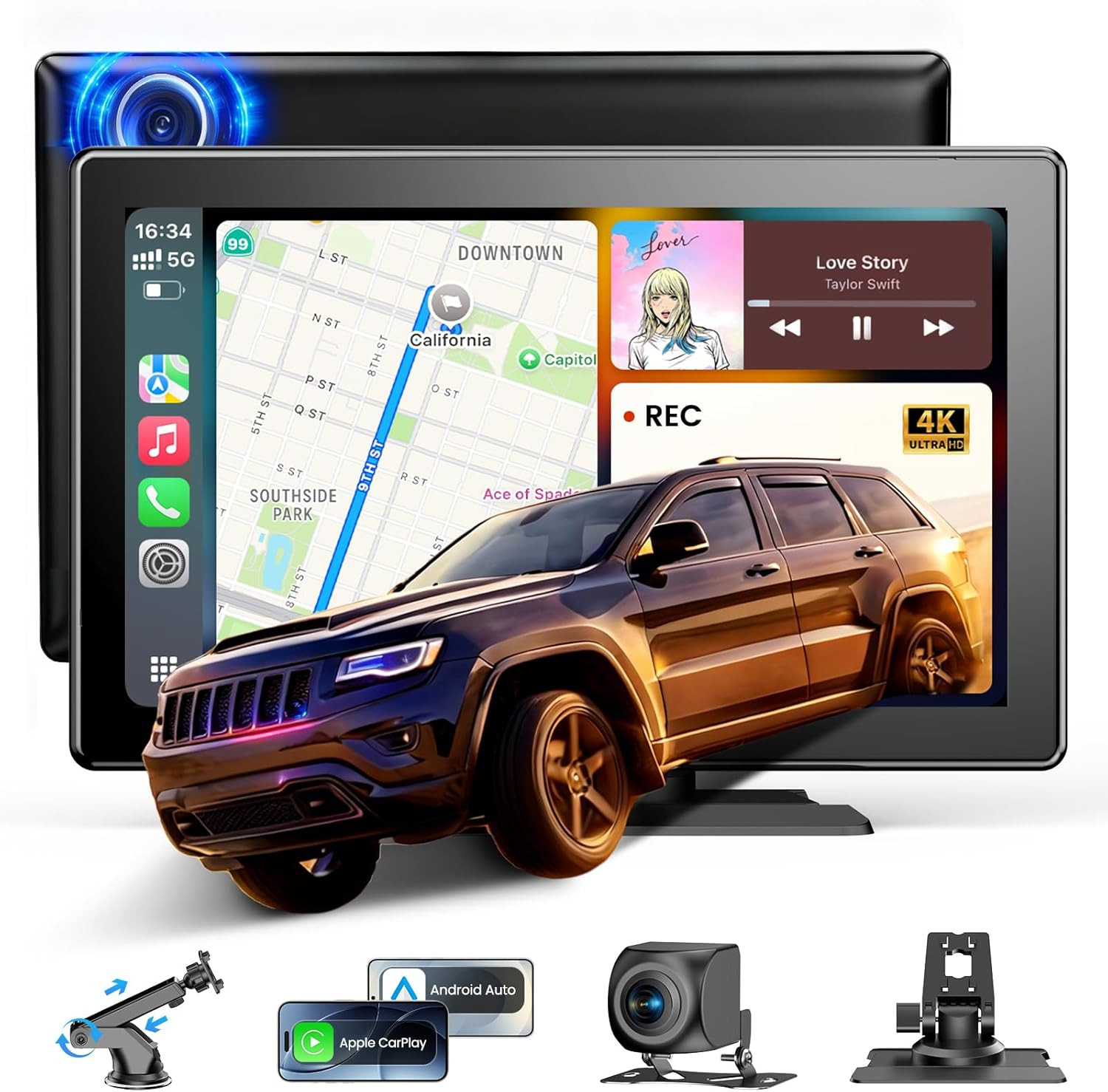 9”HD Carplay Screen for Car 4K Dash Cam&1080P Backup Camera with Apple Carplay&