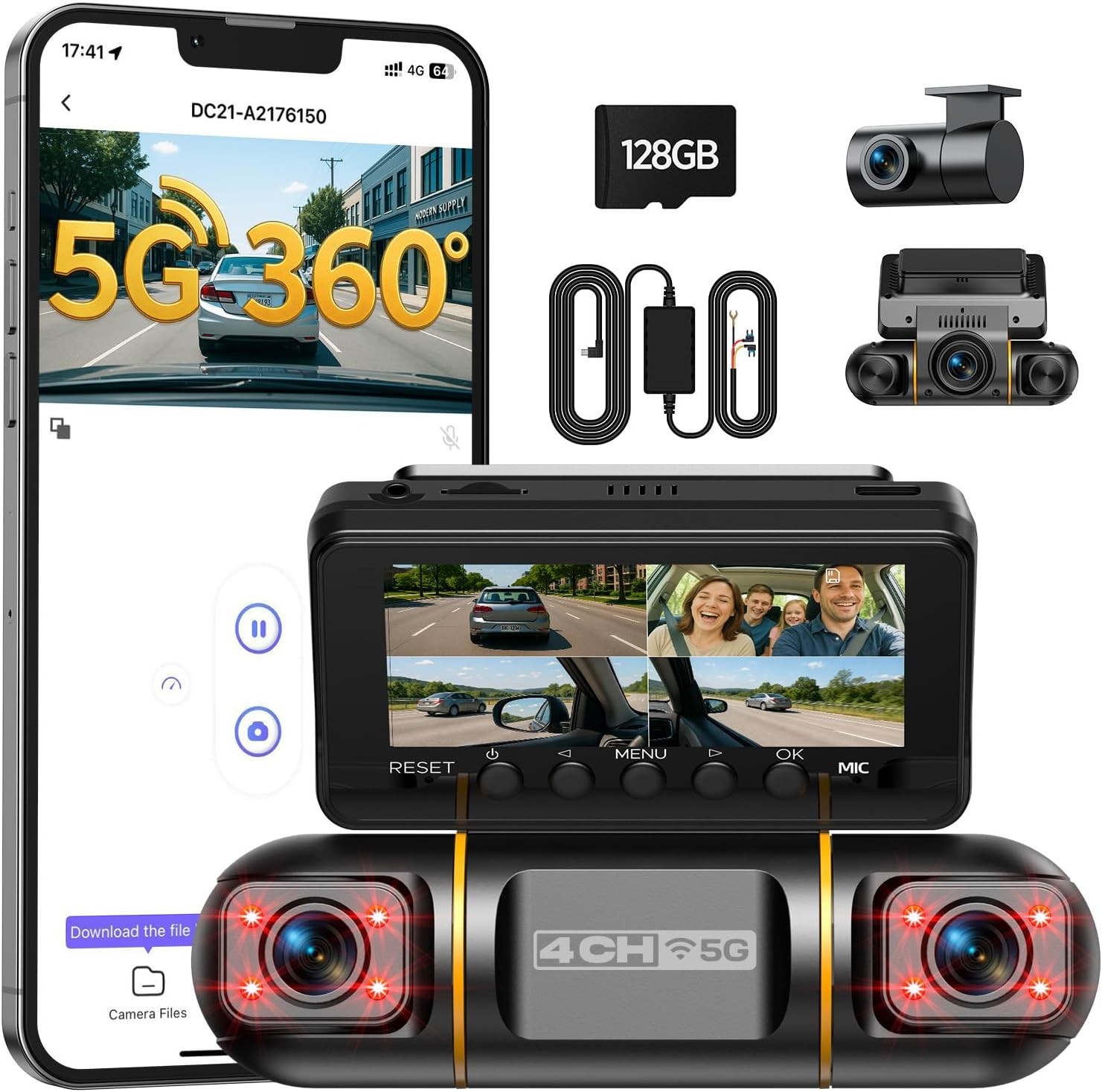 360°Dash Cam 4 Channel Front Rear Inside FHD 1080P Car Camera 24H/7 Parking 128G