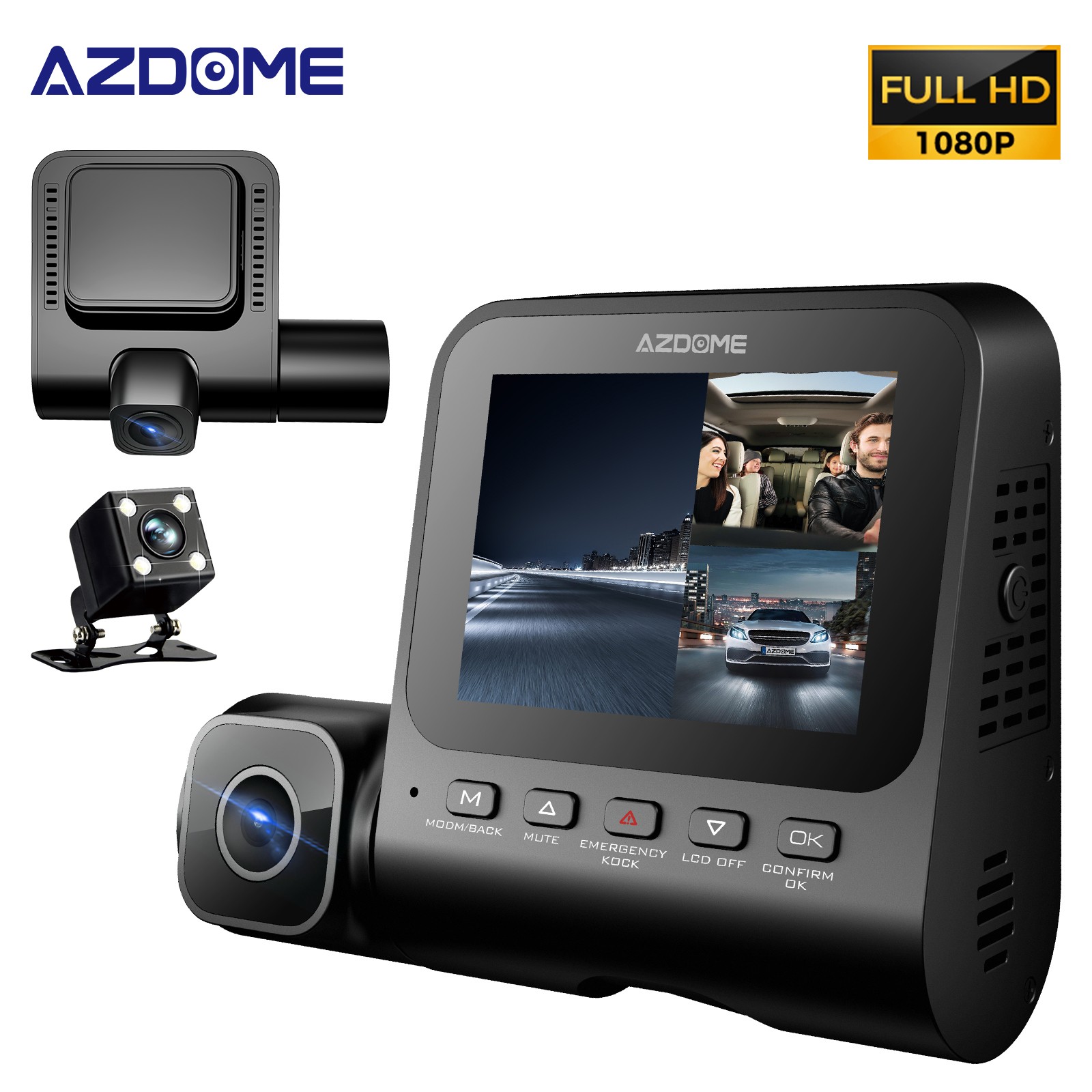AZDOME 3″ 3CH 1080P+1080P+VGA Dash Cam Cameras DVR 24H Parking Mode Night Vision
