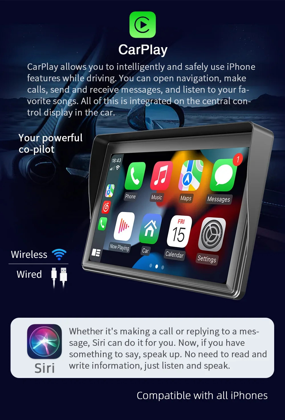 Portable Car Wireless Apple CarPlay Android Auto FM Touch Screen Radio