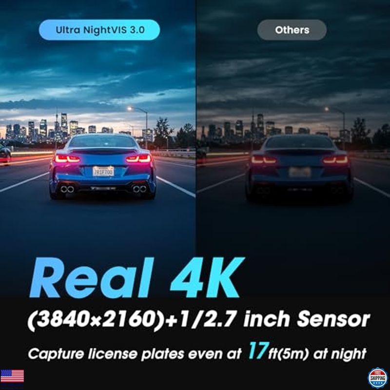 4K Front & Rear Dash Cam, Night Vision, GPS, WiFi, 32G eMMC, Parking Mode
