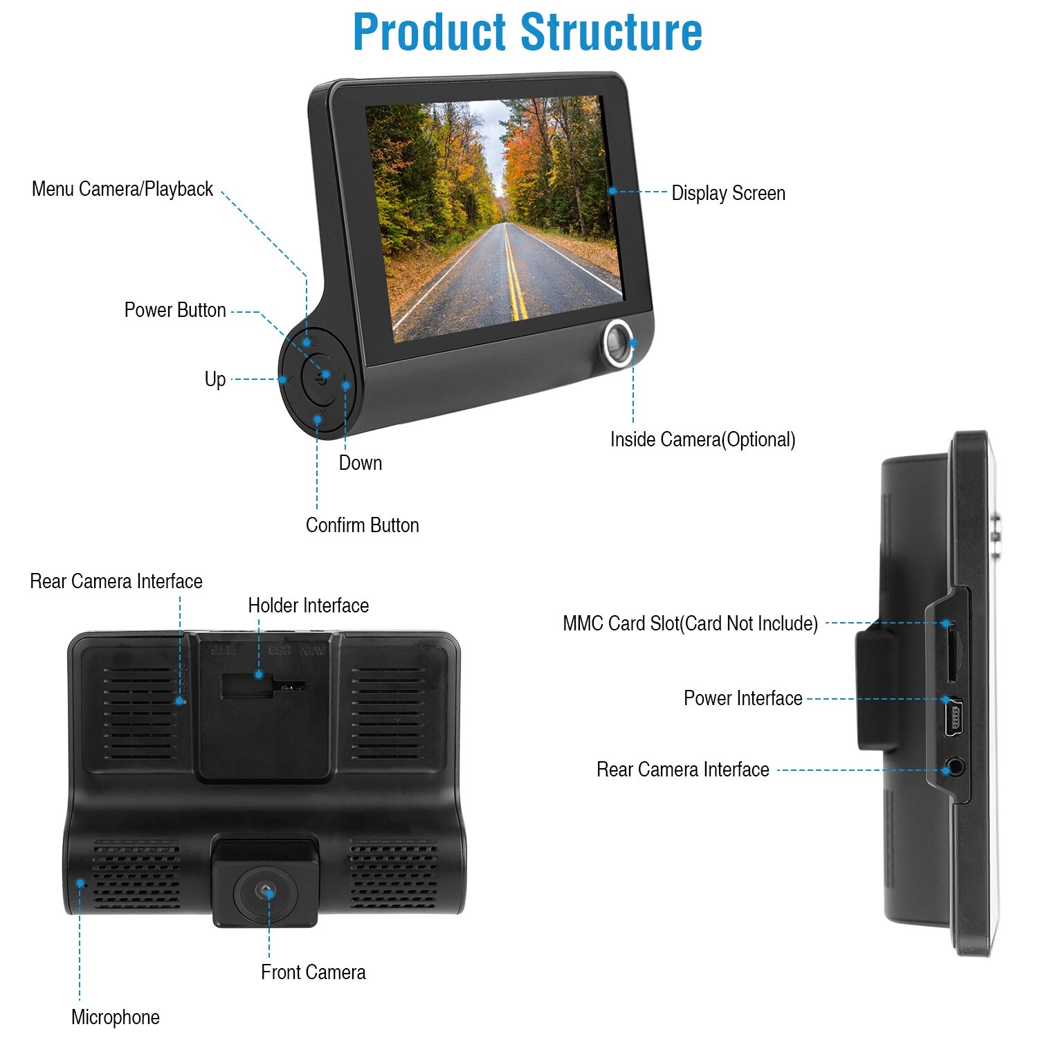 4″ 1080P 3 Lens Car DVR Video Dash Cam Front/Inside Camera Motion Detection