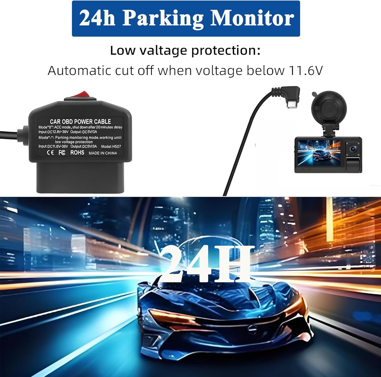 OBD2 to USB C Power Cable for Dash Camera,Type C OBD Acc Hardwire Kit Charger Co