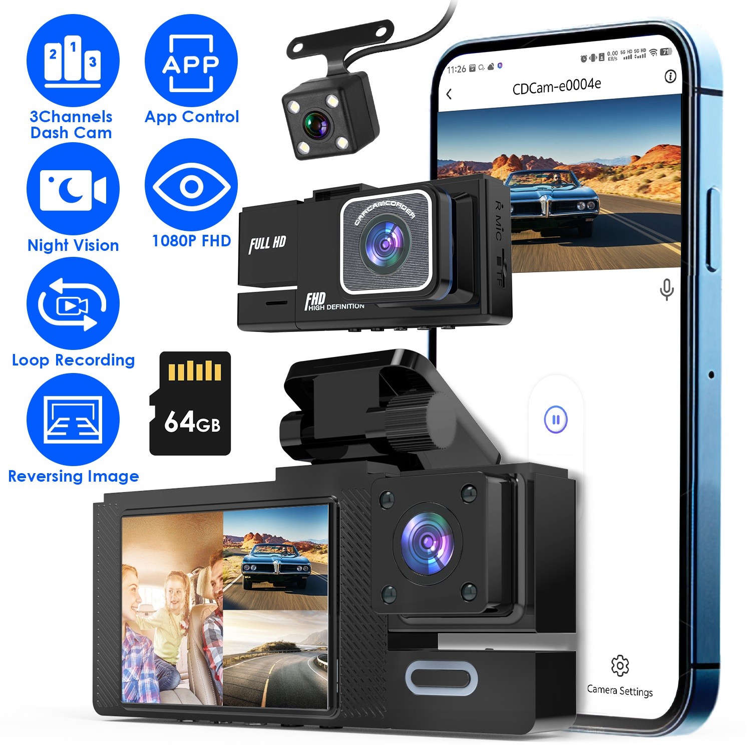 2″ IPS Screen Car Dash Cam WiFi 1080P Dash Camera 3 Channels Front Rear Inside