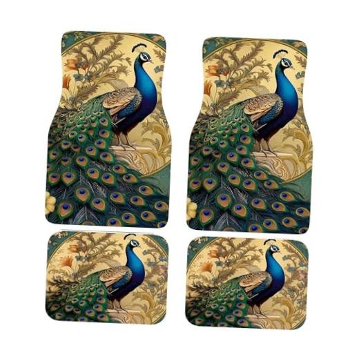 Artistic Fabric Car Floor Mats-Non-Slip Rubber Backing,Peacock,Front & peafowl