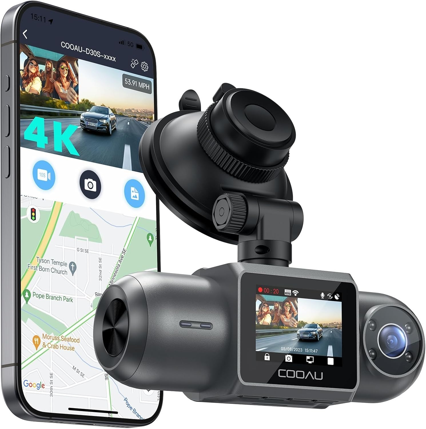 COOAU D30S 4K Dash Cam with GPS Wi-Fi,Uber Car Camera with Infrared Night Vision