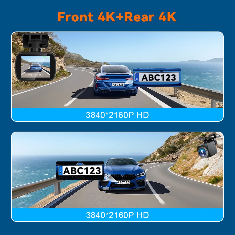 4K+4K Front/Rear Dash Cam Buit-in WiFi Free 32GB Card Night vision Car Camera