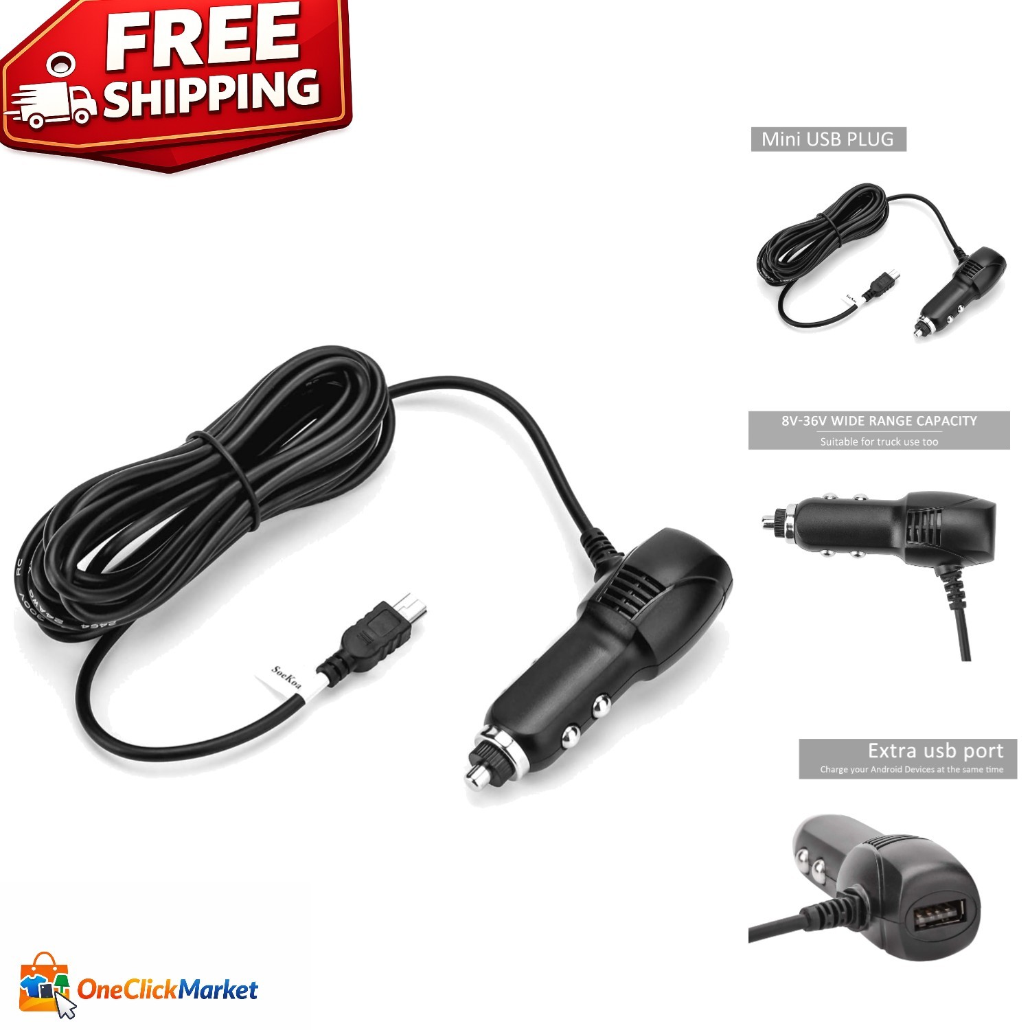 11.5FT Mini USB Car Charger with Extra USB Port, Compatible with Dash Cams