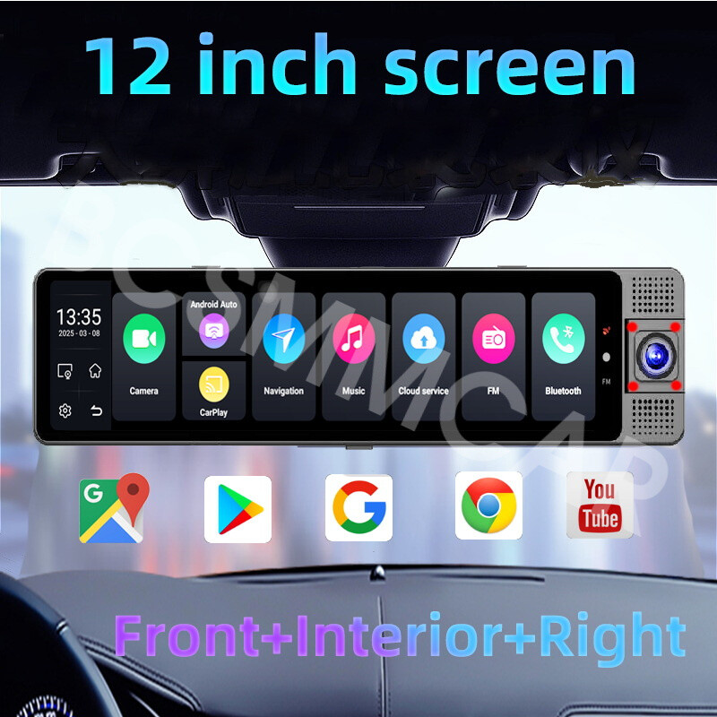 3 Lens Rearview Mirror Dash Camera Driving Recorder For Carplay GPS Navigation