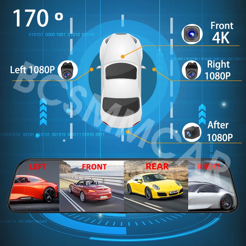 Car Dash Cam Rearview Mirror Video Recorder Touch Screen BSD Blind Spot Monitor