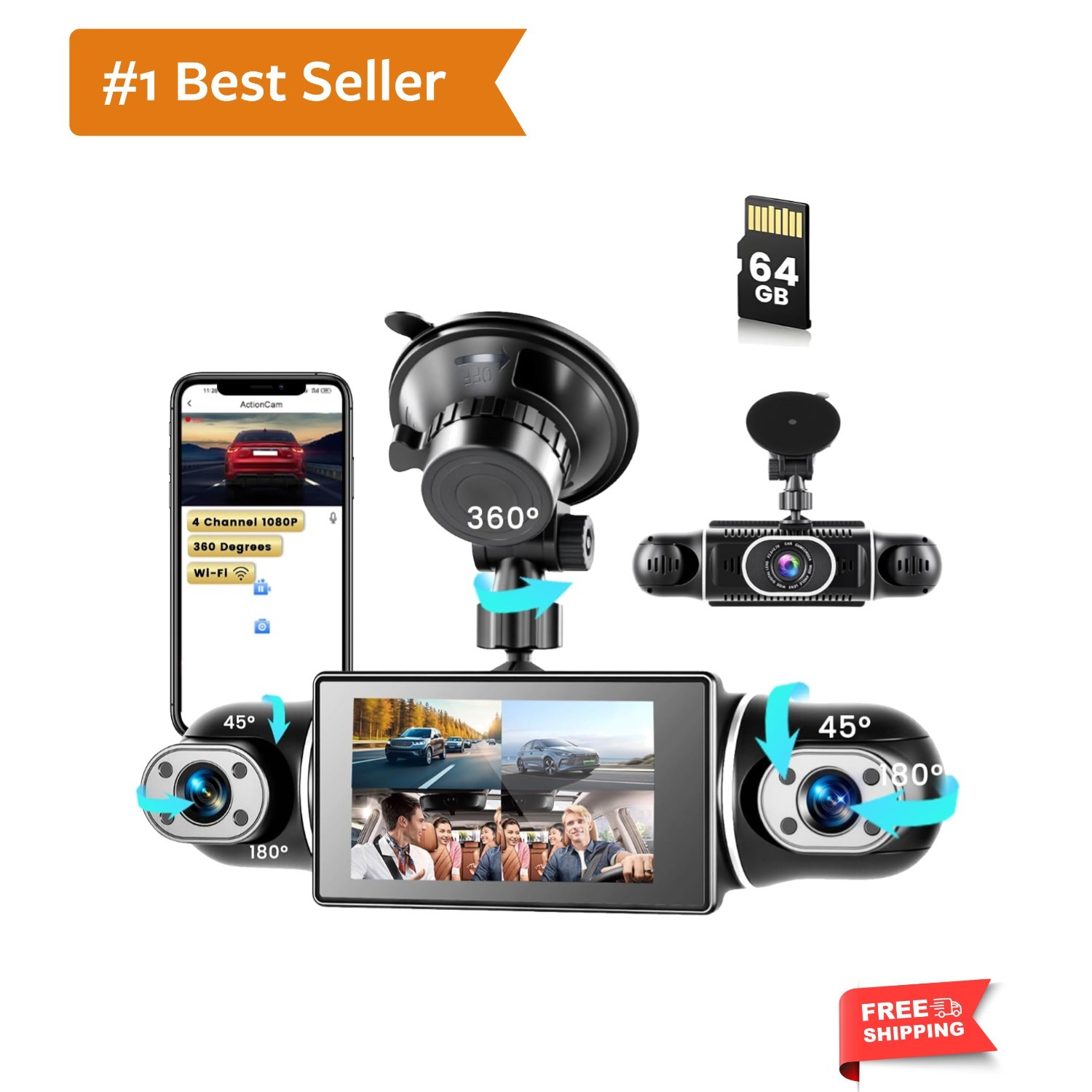 360° Dash Cam Front/Rear/Inside/Side 4-Channel Dash Camera FHD 1080P×4 Car Da…