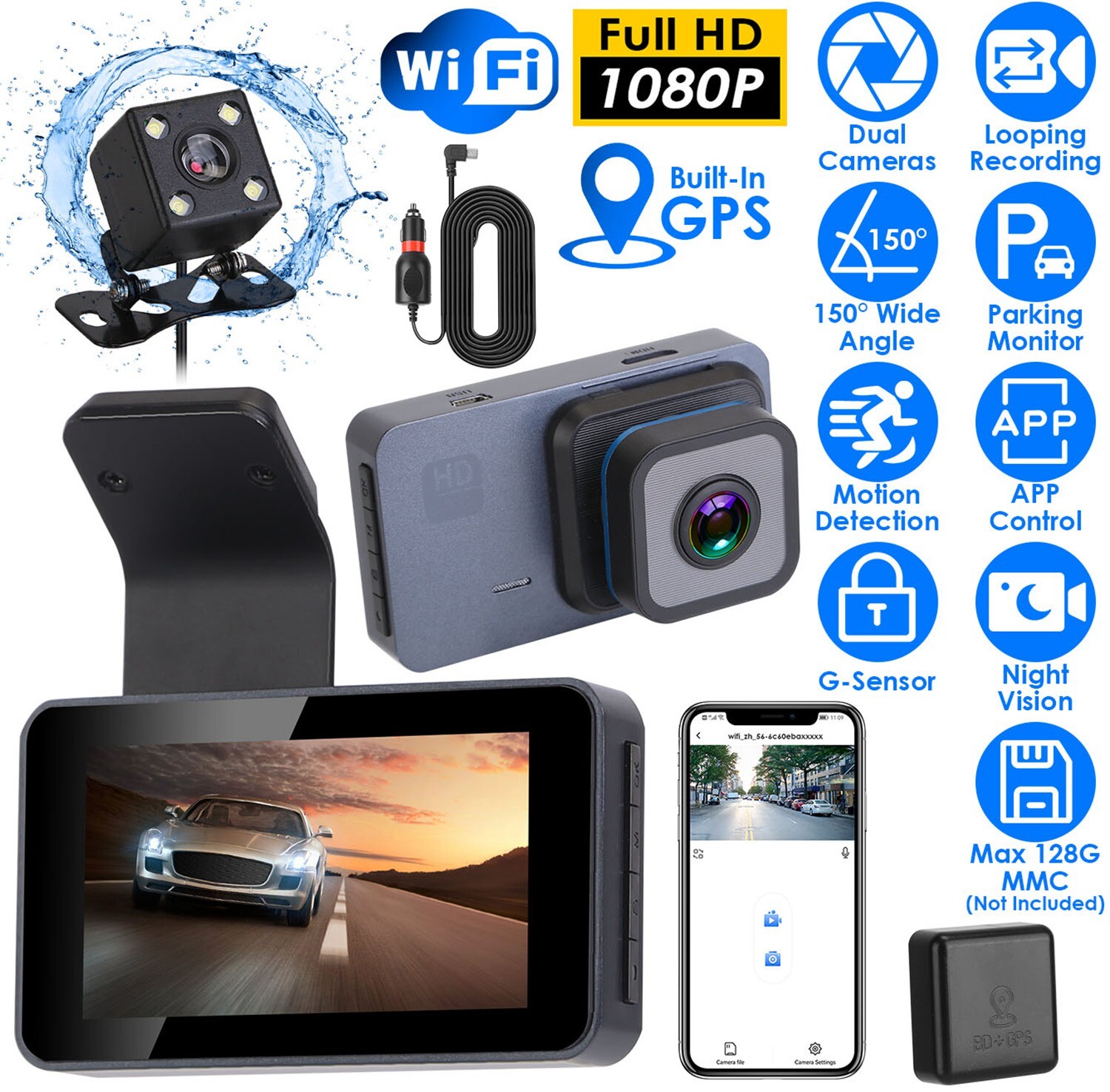1080P Dual Lens Dash Cam Vehicle Driving WiFi Recorder DVR Night Vision+G-Sensor