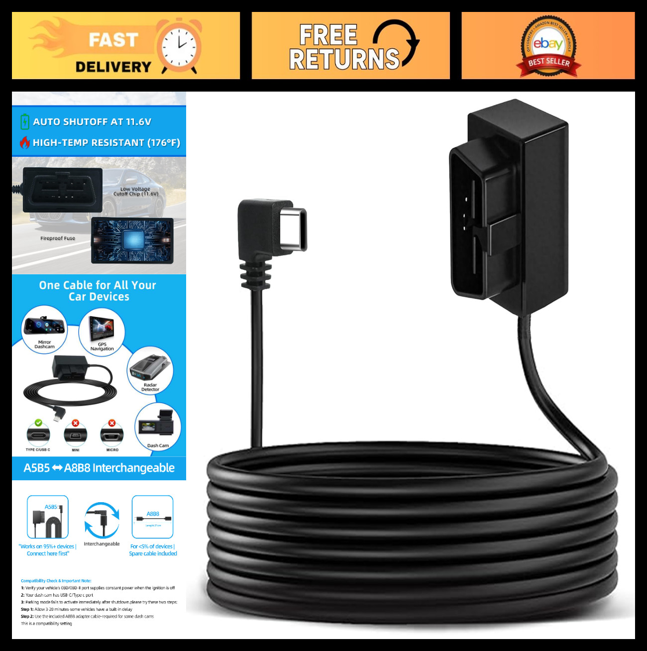Hardwire Kit for Dash Cam – OBD Power Cable, USB Type C Adapter, 24h Parking Mod